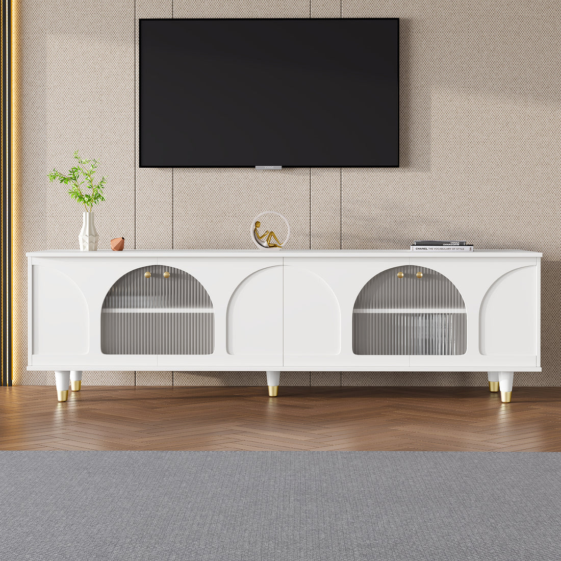 Contemporary Tv Stand With Adjustable Shelves For Tvs Up To 78'', Stylish Media Console With Gold Handles And Arch Fluted Glass Doors, Delicate Entertainment Center For Living Room, White White Primary Living Space 70 79 Inches 70 79 Inches Particle