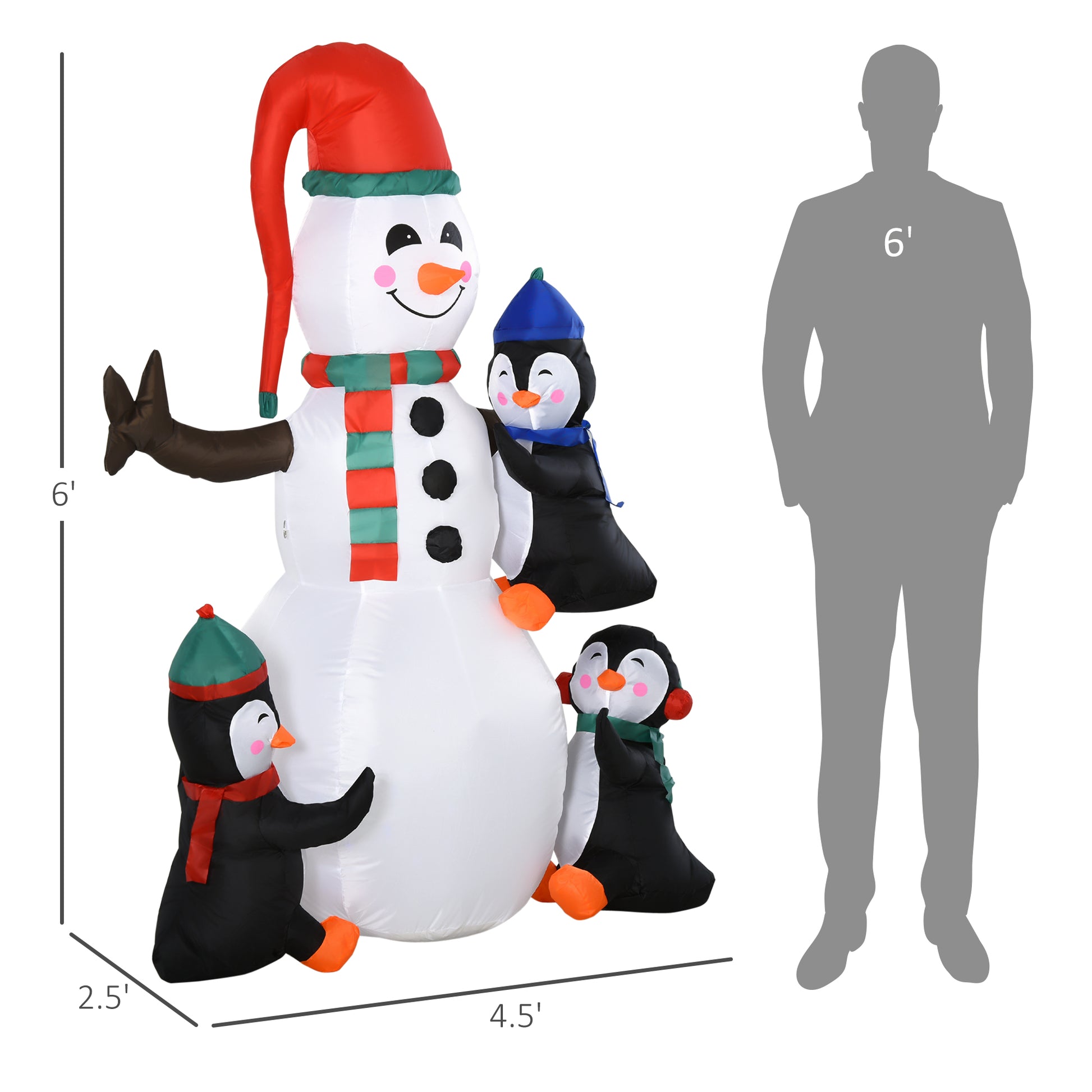 Homcom 6' Christmas Inflatables Outdoor Decorations Snowman With Penguins, Blow Up Yard Christmas Decor With Led Rotating Colorful Light Multicolor Polyester