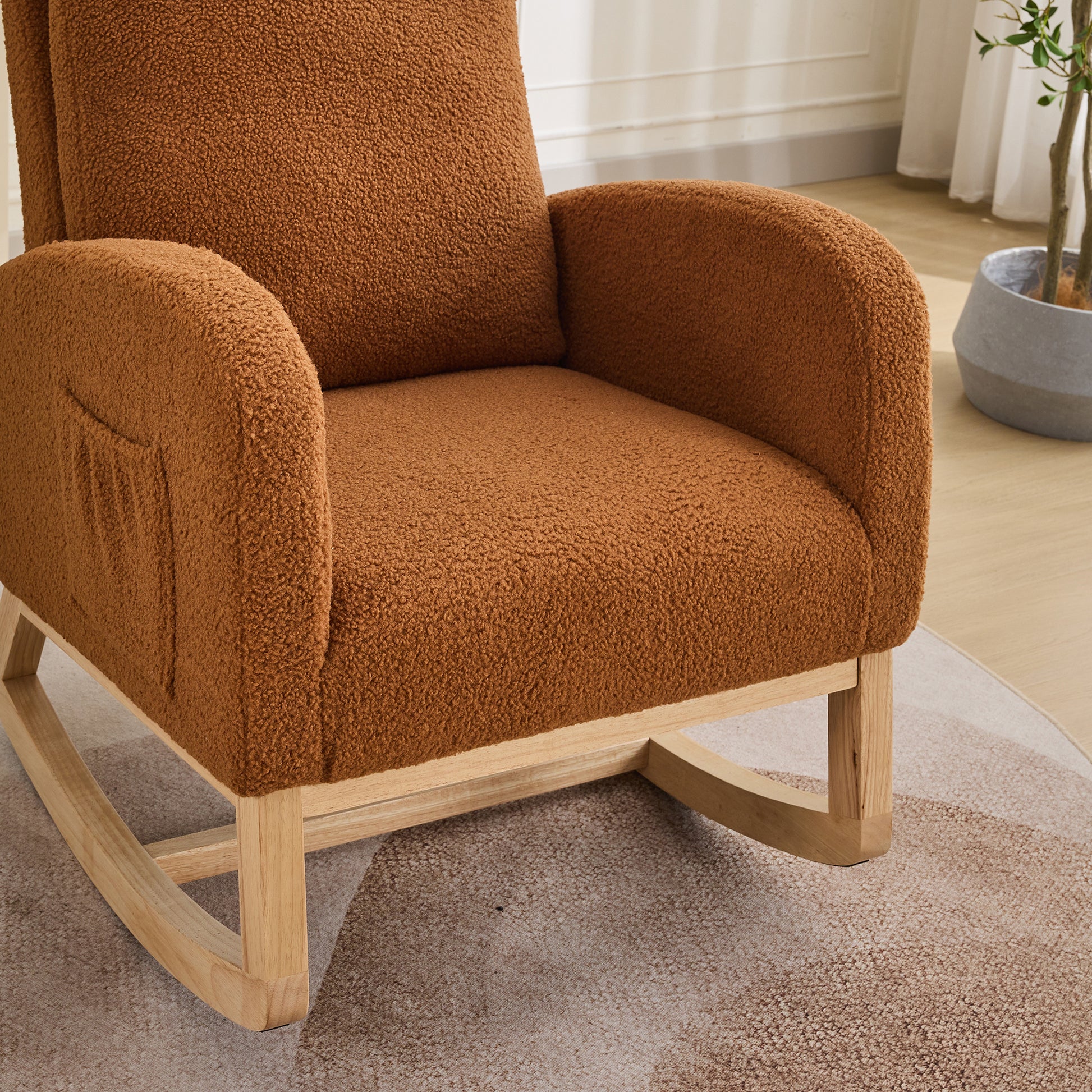 27.2"W Rocking Chair For Nursery, Sherpa Glider Chair With High Back And Side Pocket, Rocking Accent Armchair With Rubber Wood Legs For Living Room Bedroom.Caramel Caramel Sherpa