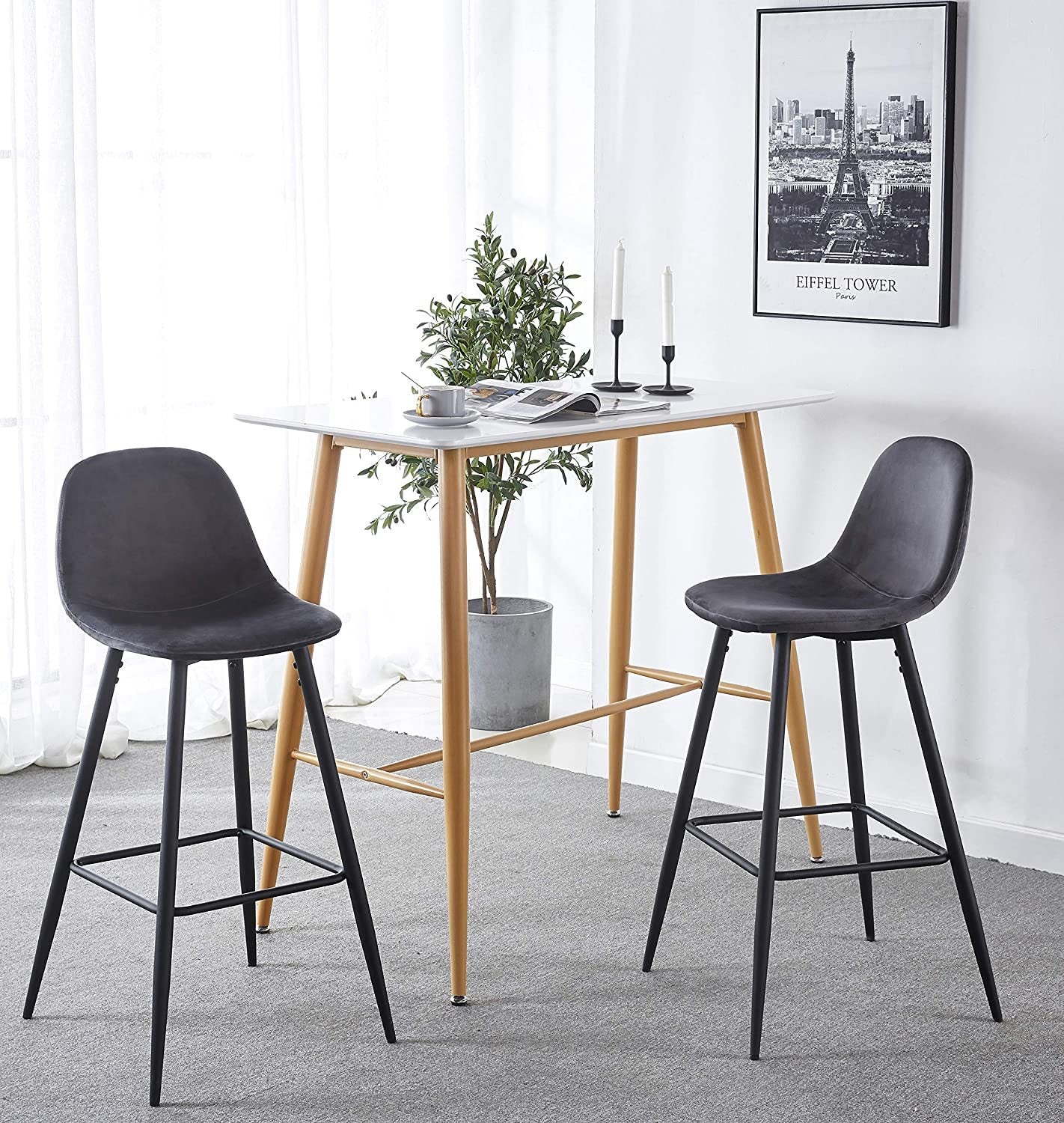 Bar Stools Set Of 2, 30 Inches Velvet Barstool Modern Counter Bar Height Chair With Back, Sturdy Metal Legs & Footrests, Easy Assembly, Island Stool For Kitchen Bar Dark Grey Velvet