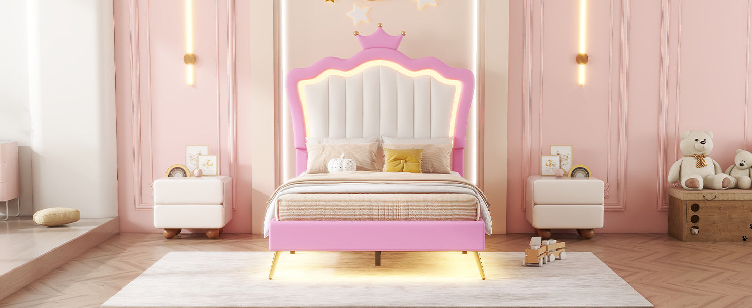 Twin Size Upholstered Bed Frame With Led Lights, Modern Upholstered Princess Bed With Crown Headboard, Pink White Box Spring Not Required Twin Pink White Wood Bedroom Modern Bed Frame Pu