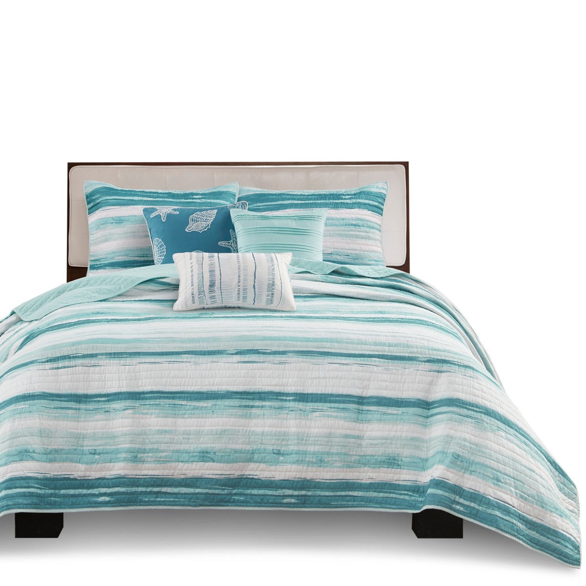 6 Piece Printed Quilt Set With Throw Pillows Aqua King Cal King King Aqua Cotton