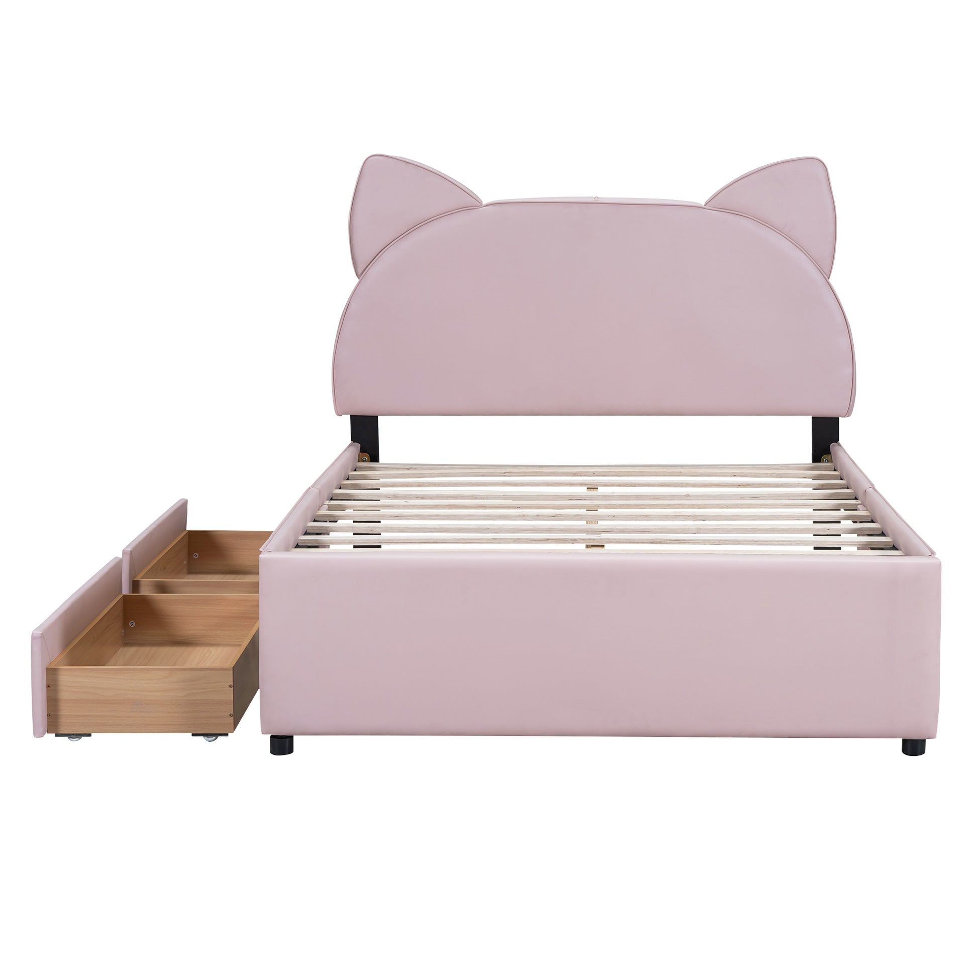 Full Size Upholstered Platform Bed With Cartoon Ears Shaped Headboard And 2 Drawers, Pink Box Spring Not Required Full Pink Wood Bedroom Bed Frame Faux Leather Upholstered