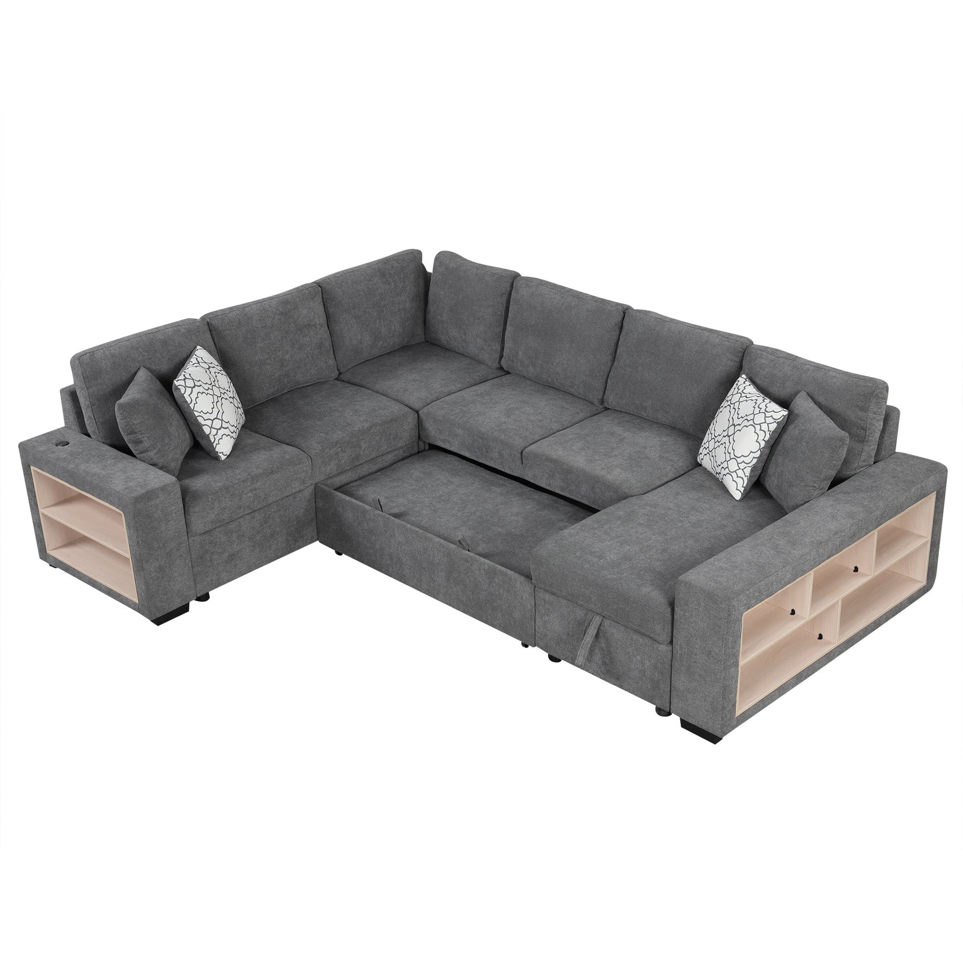 109" U Shaped Sectional Sofa Pull Out Sofa Bed With Two Usb Ports, A Storage Chaise Lounge And Four Back Pillows For Living Room, Grey Grey Foam Chenille 5 Seat