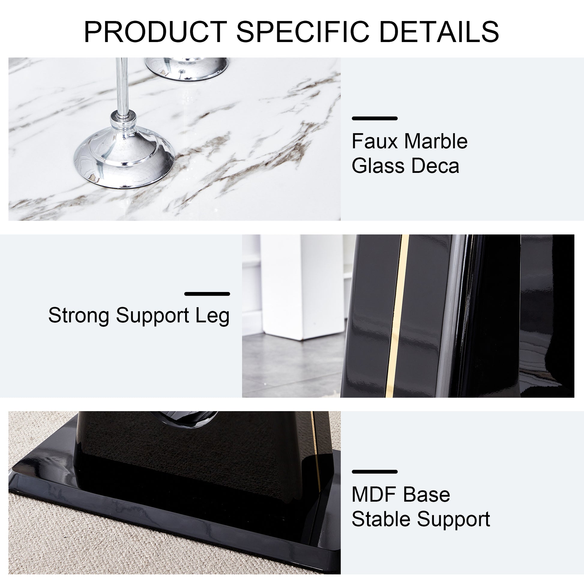 Table And Chair Set, Modern And Minimalist Dining Table, Imitation Marble Patterned Tabletop, Mdf Legs With U Shaped Brackets. Paired With Comfortable Chairs, Suitable For Dining And Living Rooms. Black Gold Mdf Glass