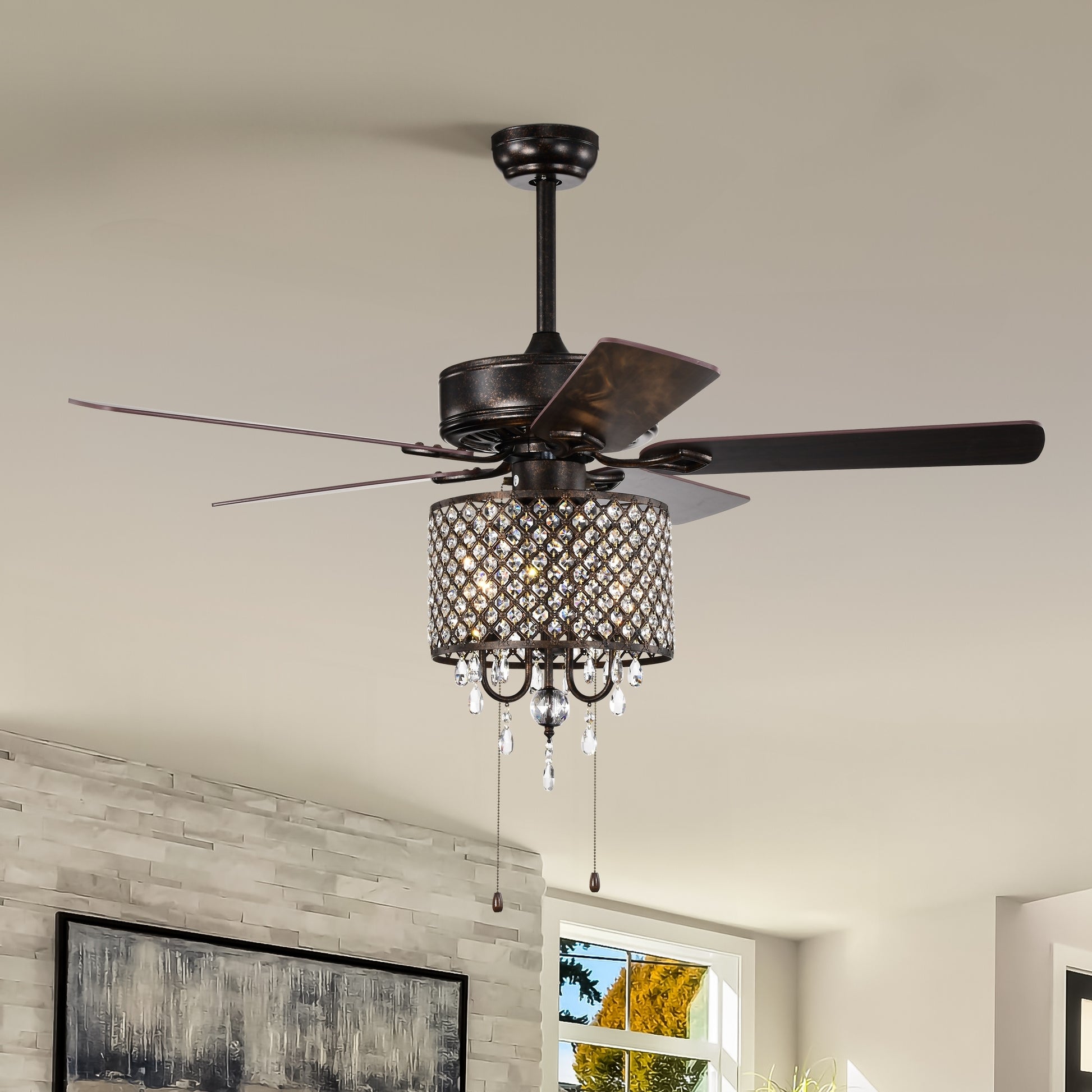 52'' Classical Crystal Ceiling Fan Lamp,3 Speed5 Reversible Blades For Living Room, Dining Room, Bedroom, Family Room, Rustic Bronze ,3Pcs*E12 No Include Bulb Hand Pull Chain Rustic Brown American Traditional,Antique,Classic,Contemporary Crystal Metal