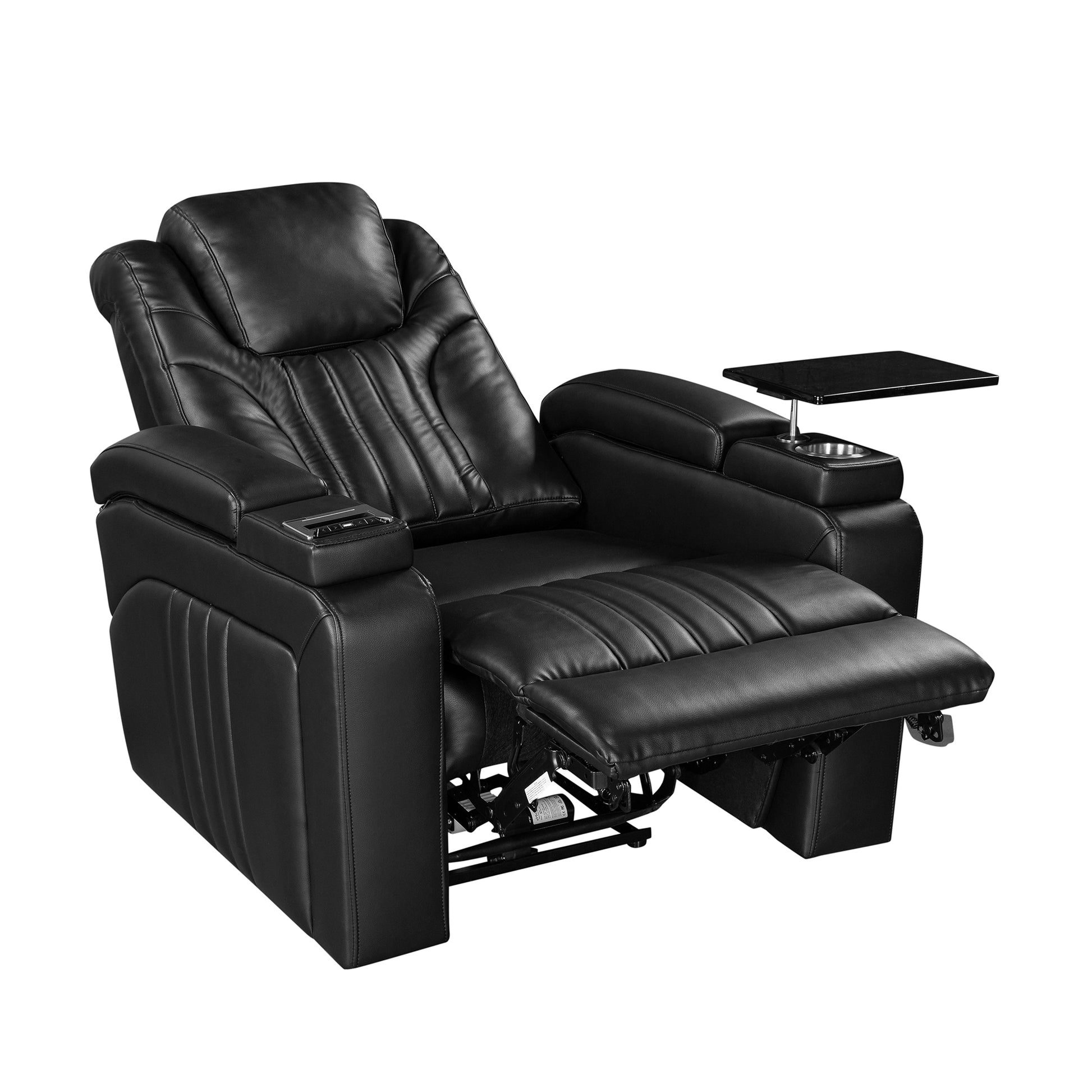 Pu Leather Power Recliner Home Theater Recliner With Power Adjustable Headrest, Wireless Charging Device, Usb Port, Storage Arms, Cup Holder And Swivel Tray Table For Living Room, Black Black Foam Pu Leather