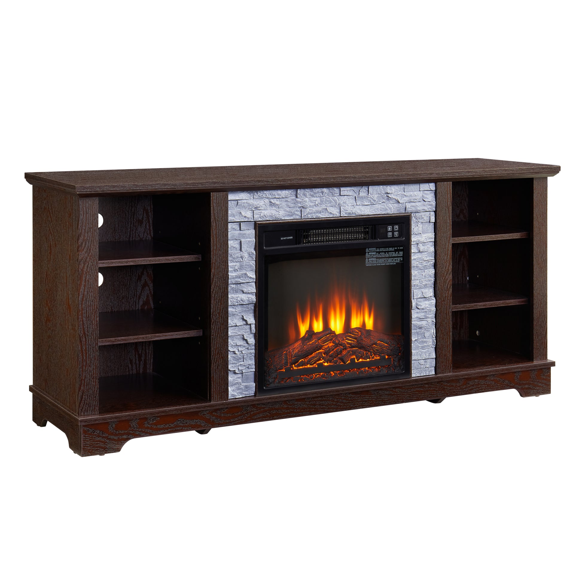 Faux Stacked Stone Tv Media Stand With Open Storage Modern Entertainment Console Space With 18" Fireplace Insert, Cherry, 58.31"W*15.39"D*26.06"H Cherry 60 69 Inches Mdf