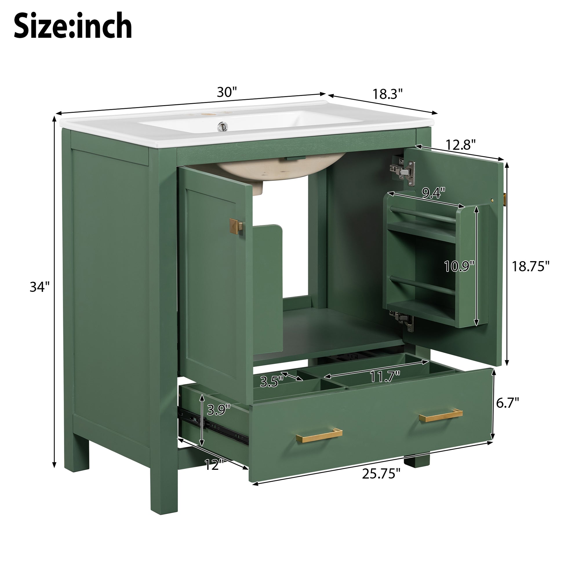 30 Inch Green Bathroom Vanity With Single Sink, Combination Under Counter Sink, Bathroom Storage Cabinet With 2 Doors And A Drawer, Soft Closure, Multifunctional Storage, Solid Wood Frame Green Bathroom Solid Wood Mdf