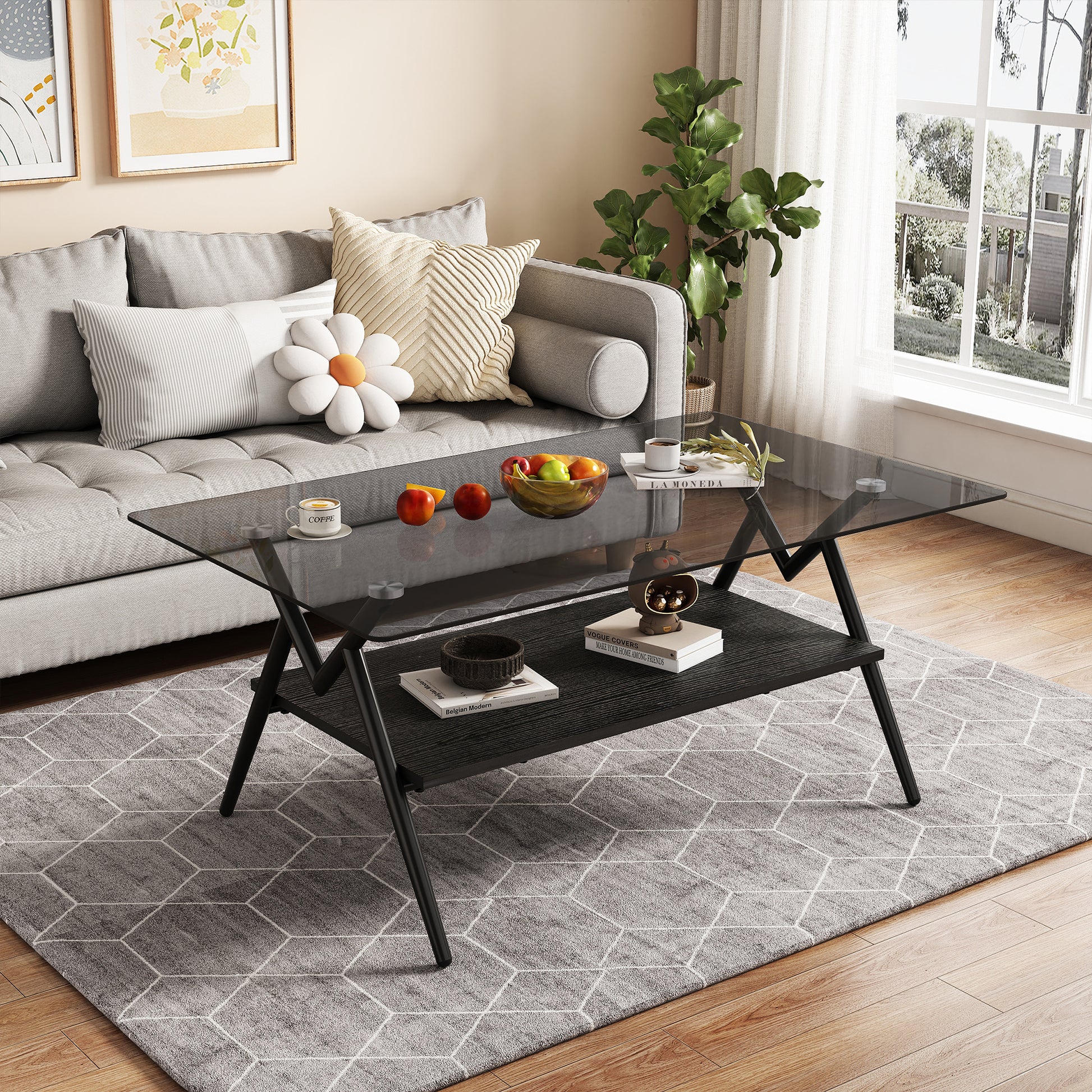 Rectangle Coffee Table With Tempered Glass Top And Black Mdf Shelf, Modern Table For Living Room, Gray Glass Gray Tempered Glass