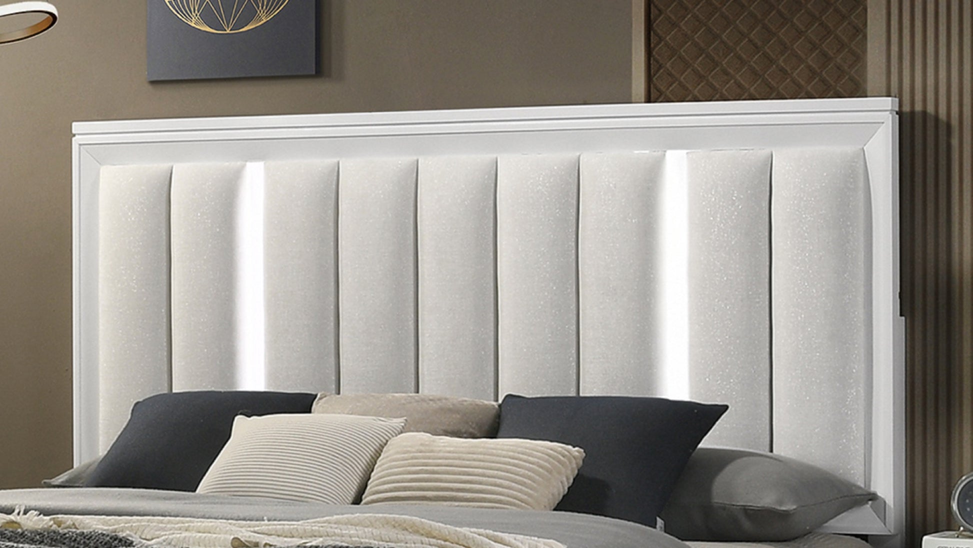 Modern 1Pc King Size Led Light Linen Look Fabric Upholstered Headboard Panel Bed White Finish Solid Wood Wooden Bedroom Furniture Box Spring Required King White Wood Modern Panel Linen Wood Fabric