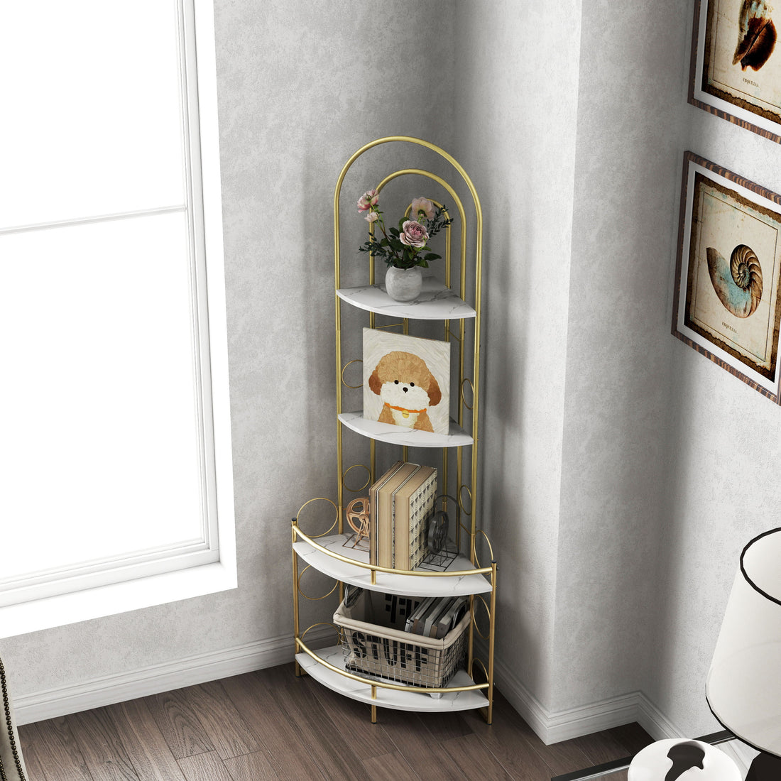 Gold 4 Tier Corner Bookshelf, Modern Style, Plant Stand With Metal Frame Gold White Metal Metal,Particle Board