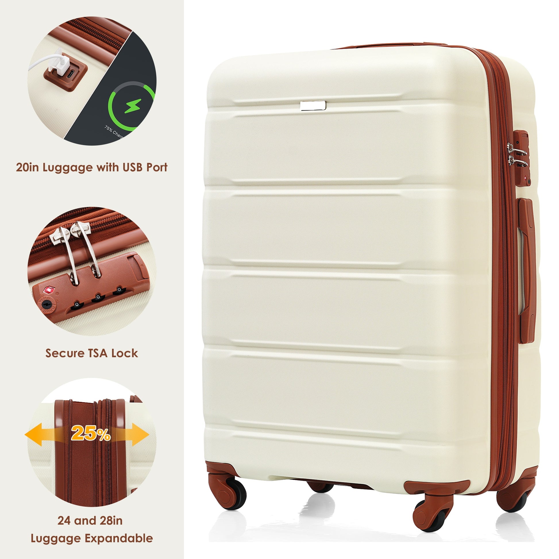 Luggage Sets 4 Piece, 20 Inch With Usb Port, Expandable Abs Durable Suitcase With Travel Bag, Cup Holder, Abs Hard Shell Luggage With Spinner Wheels, Beige And Brown Beige Brown Abs