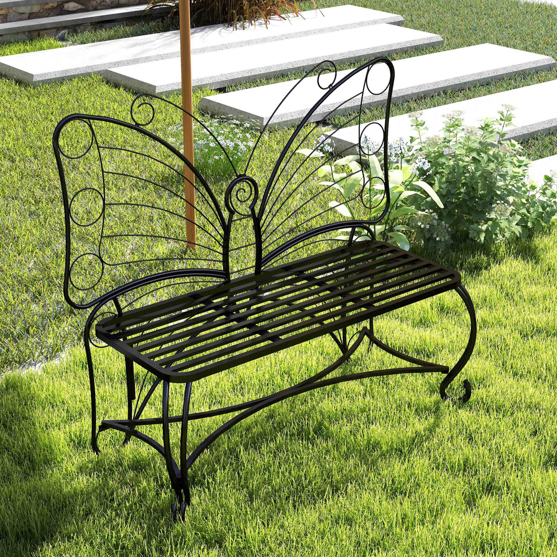 Butterfly Cast Metal Garden Bench, Outdoor Bench Patio Seat, Park Bench Outdoor Seating For Garden, Yard, Park, Entryway Black Garden & Outdoor 2 Person Seating Group Metal