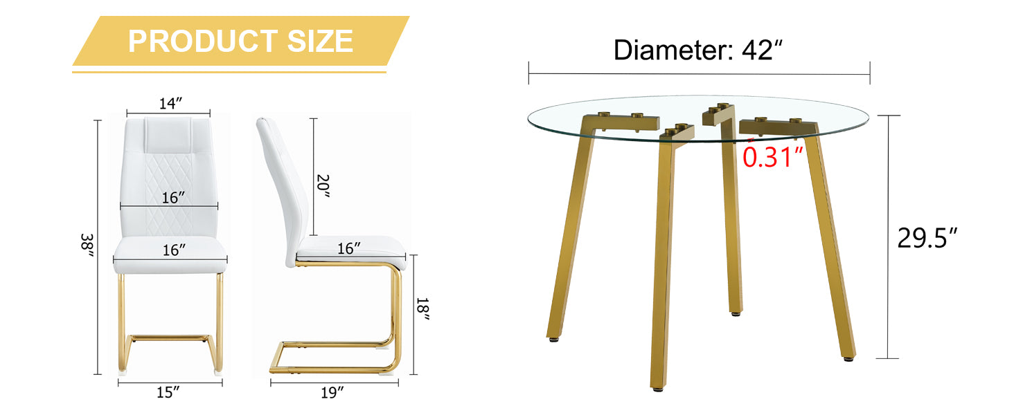 Table And Chair Set.A Modern Minimalist Style Round Clear Tempered Glass Table With Metal Legs.Paried With White Chairs With Modern Pu Leather High Back Upholstered And C Tube Golden Legs. Transparent,White Seats 4 Glass