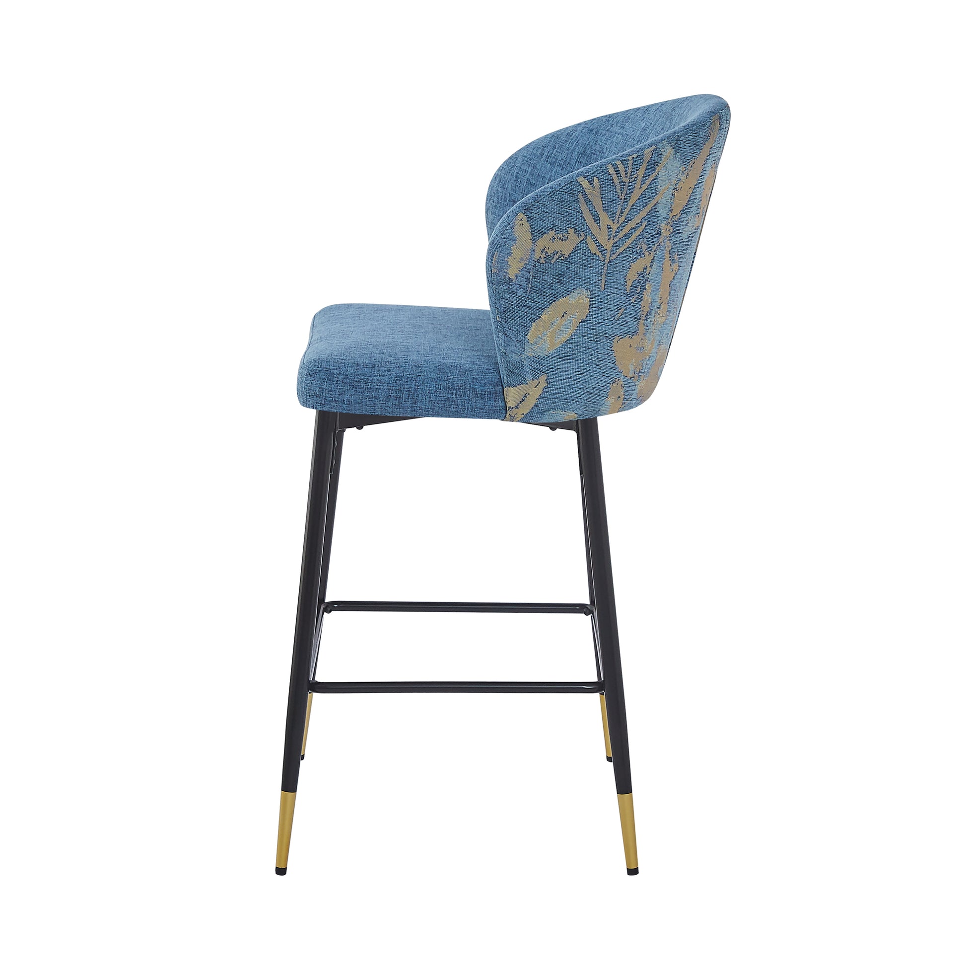 Counter Height Bar Stools Set Of 2, Jacquard Upholstered Bar Chairs, Metal Footrest And Frame For Kitchen,Dining Room,28"H Seat Heightblue Floral Blue Kitchen Powder Coated Foam Spot Clean Square