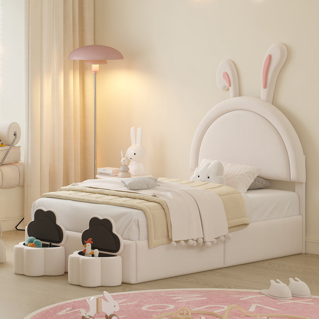 Twin Size Upholstered Rabbit Shape Bed With 2 Storage Stools, Velvet Platform Bed With Cartoon Ears Shaped Headboard, White Twin White Wood