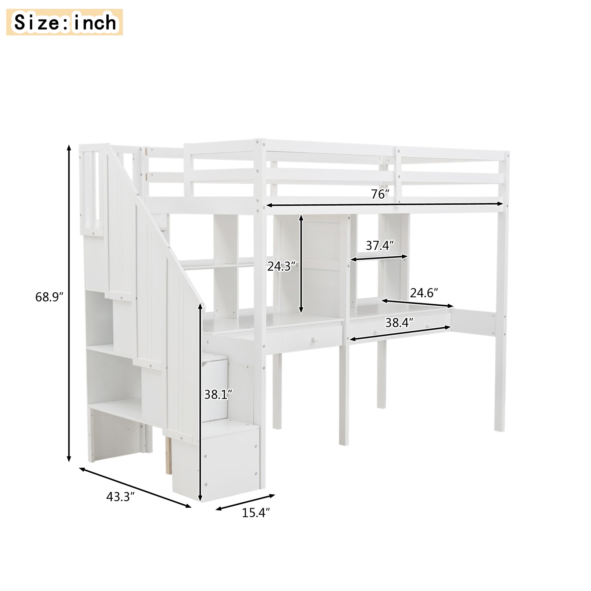 Twin Size Loft Bed Frame With Storage Staircase And Double Desks And Shelves,White Twin White Solid Wood Mdf