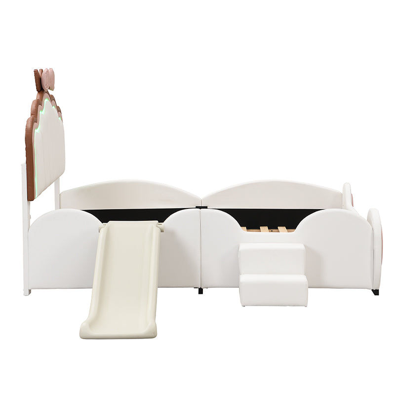 Full Size Upholstered Led Light Platform Bed With Shell Headboard And Children'S Slide, Pink Box Spring Not Required Full Pink White Wood Bedroom Bed Frame Faux Leather Upholstered