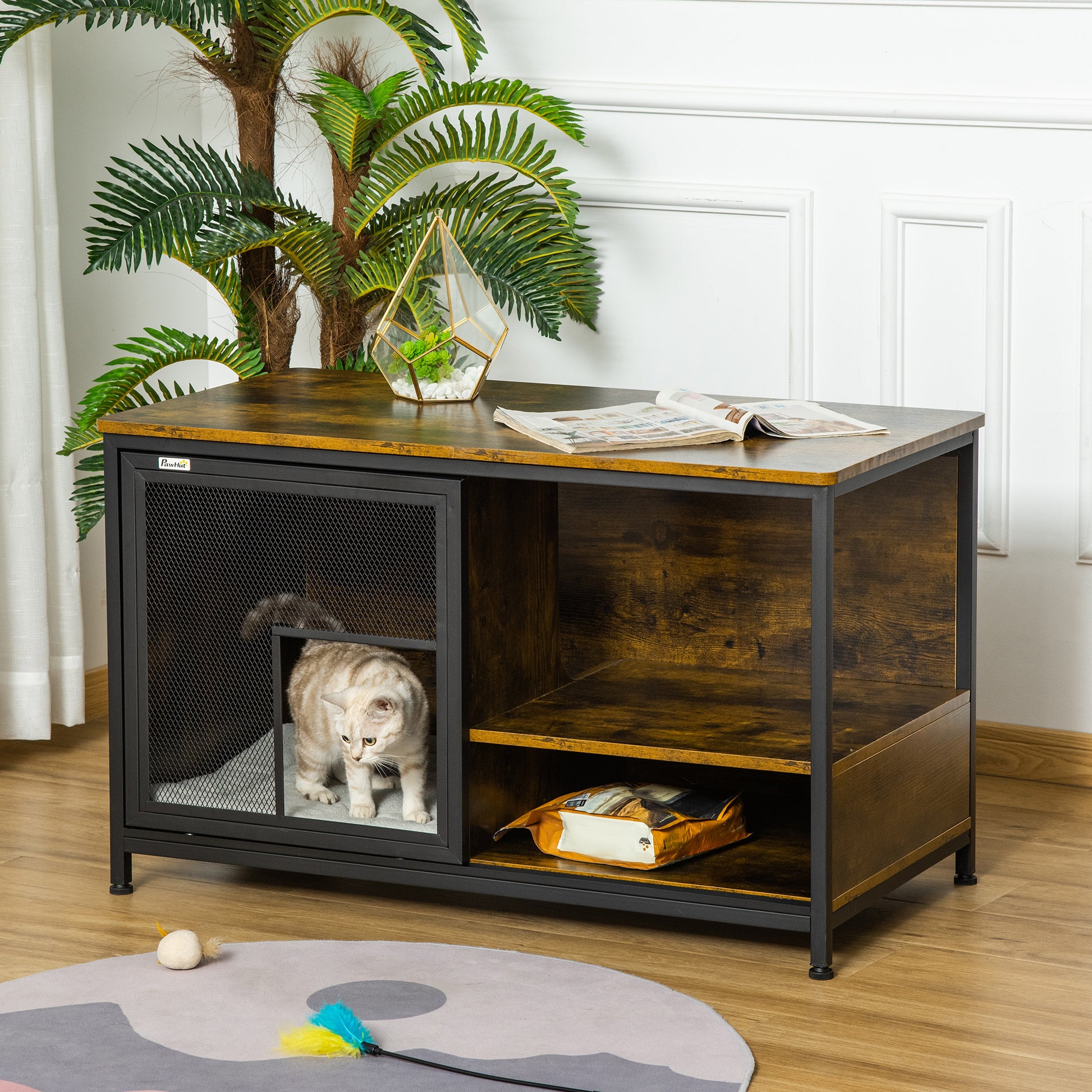 Pawhut Cat Kennel, Furniture Style Dog Cage, Wood & Steel End Table Pet House With Cushion And Sliding Doors, Rustic Brown Brown Particle Board