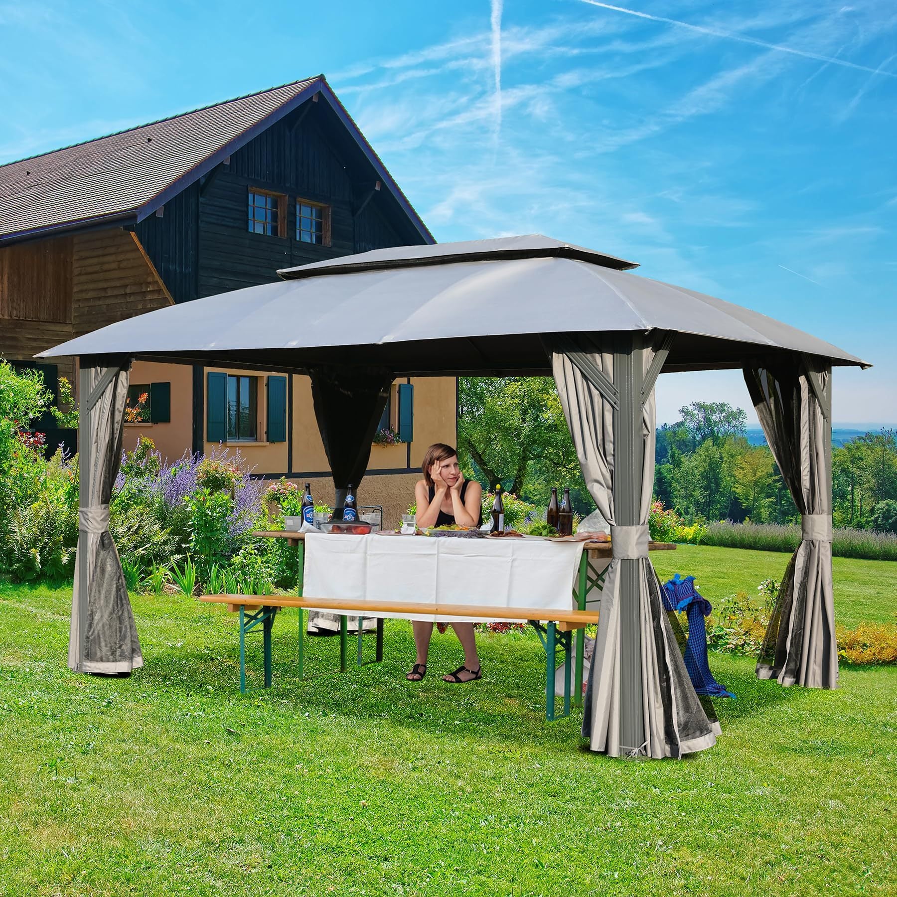 Gazebo 10X14Ft, Outdoor Gazebo With Double Roofs, Privacy Curtains, Mosquito Nettings, Heavy Duty Metal Frame Party Tent Canopy For Patio, Backyard, Deck, Lawn, Grey Gray Garden & Outdoor Steel