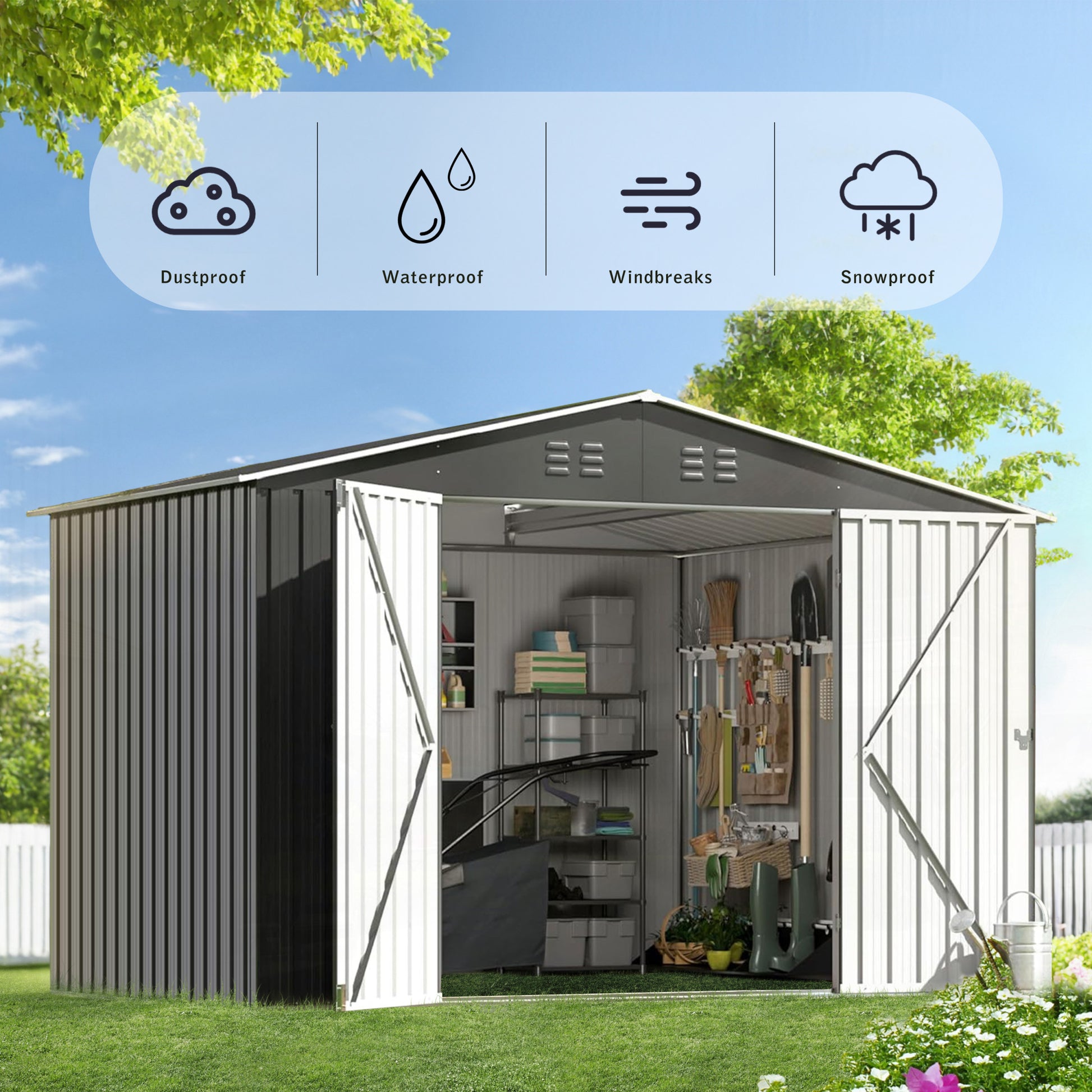 Outdoor Sheds 8Ft X 12Ft & Outdoor Storage Clearance, Metal Anti Corrosion Utility Tool House With Lockable Door & Shutter Vents, Waterproof Storage Garden Shed For Backyard Lawn Patio Grey Iron