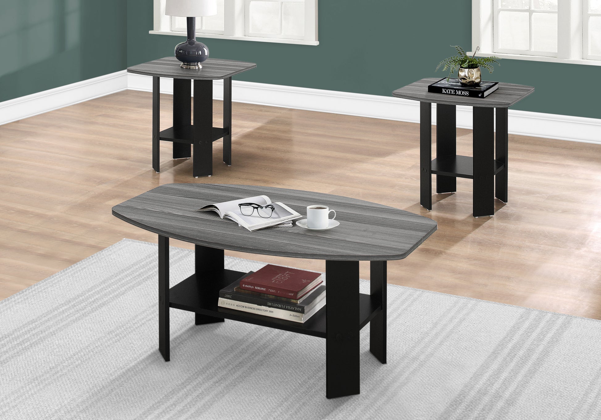 Table Set, 3Pcs Set, Coffee, End, Side, Accent, Living Room, Black And Grey Laminate, Transitional Black Particle Board