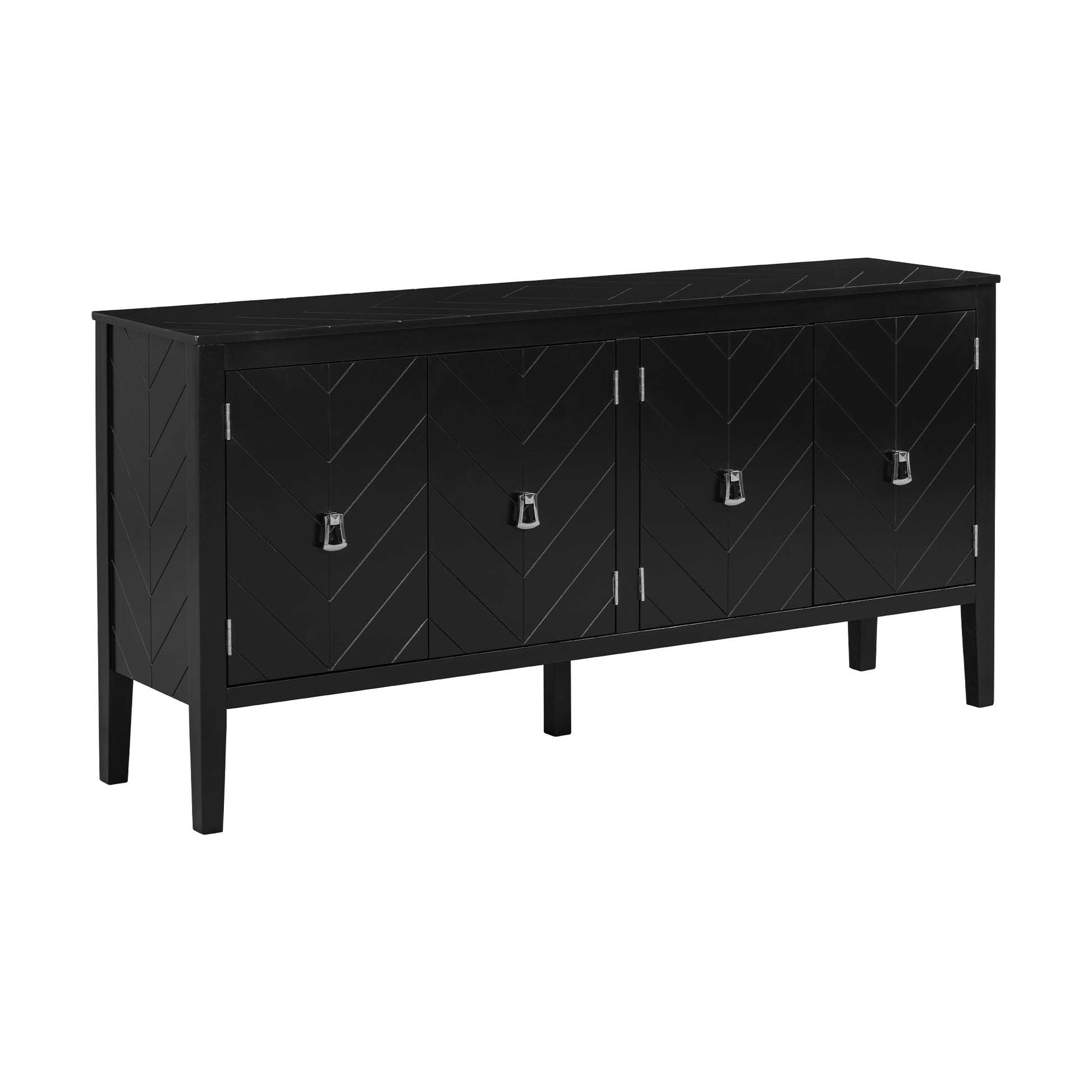 Four Door Sideboard With Geometric Line Patterns And Vintage Metal Handles For Timeless Elegance,Suitable For Living Rooms, Entrance And Study Rooms Black Primary Living Space American Design Mdf