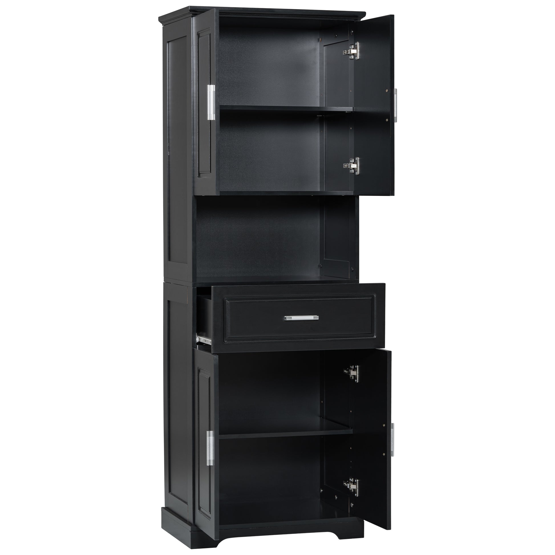 Tall Bathroom Cabinet With Four Doors, Large Storage Space Open Shelve, Upper Storage Cabinet, Black Black Mdf