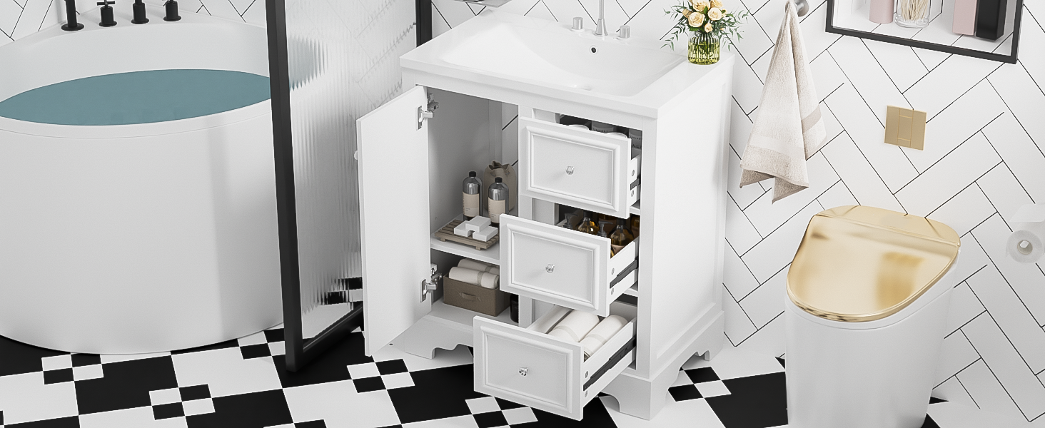 30 Inch Bathroom Vanity Cabinet With Ceramic Basin, 3 Drawers And Adjustable Shelves White Bathroom Solid Wood Mdf