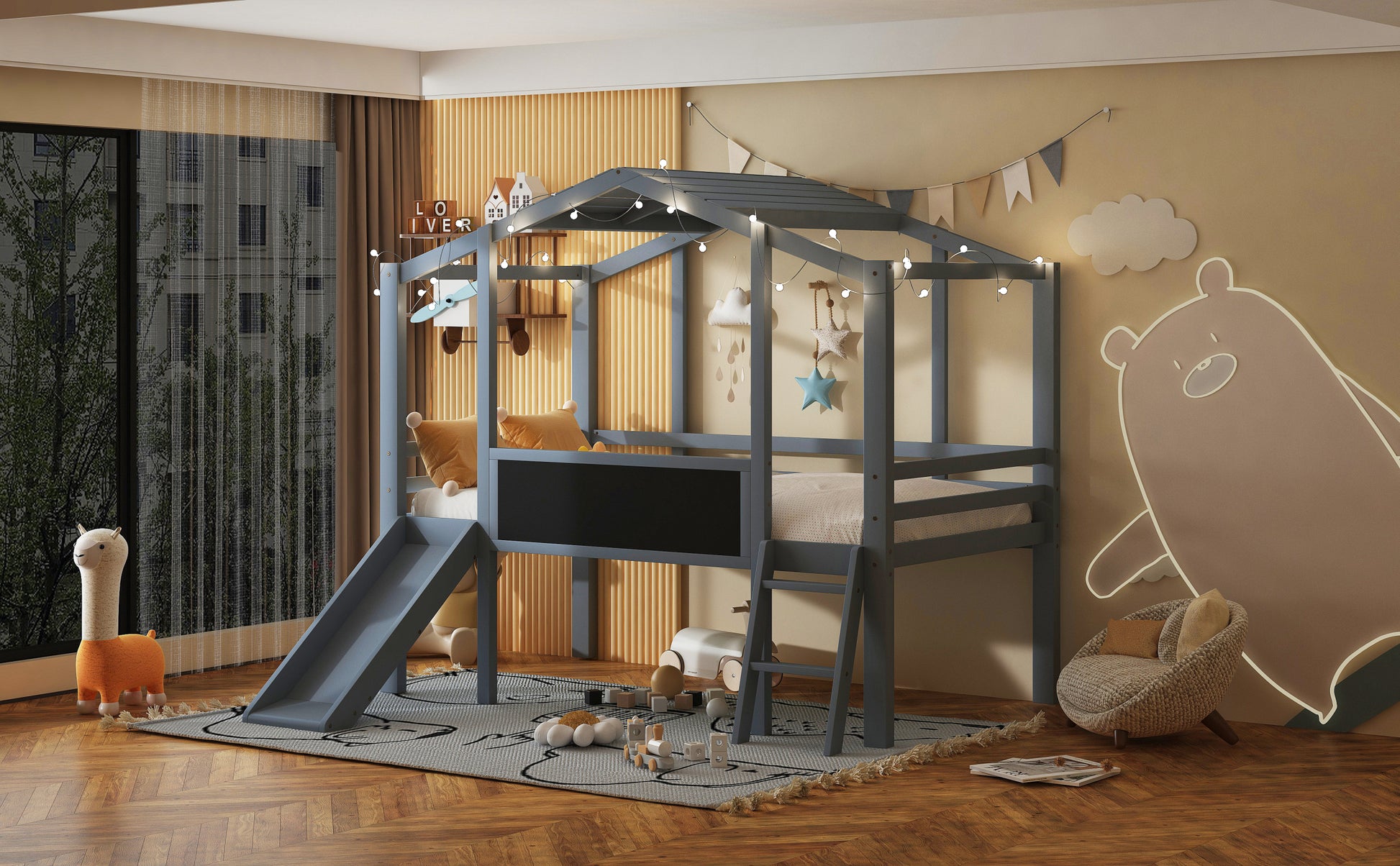 Twin Size Loft Bed With Ladder And Slide, House Bed With Blackboard And Light Strip On The Roof, Gray Twin Gray Solid Wood Mdf