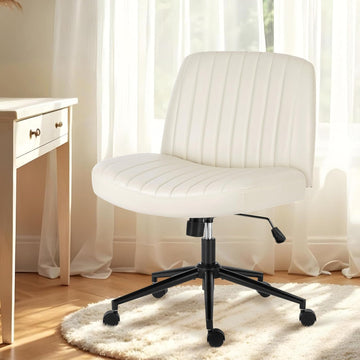 Criss Cross Chair With Wheels, Armless Legged Office Desk Chair, Comfy Swivel Rolling Vanity Chair, Ergonomic Fabric Modern Wide Seat Adjustable Home Office Chair White Pu White Metal
