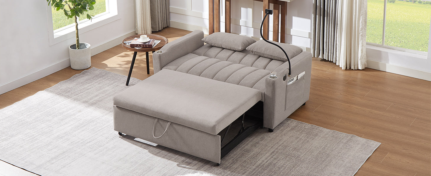 55.9" Convertible Sofa Bed Loveseat Sofa With Three Usb Ports, Two Side Pockets, Two Cup Holders And 360 Swivel Phone Holder For Living Room, Light Grey Light Grey Foam Polyester 2 Seat