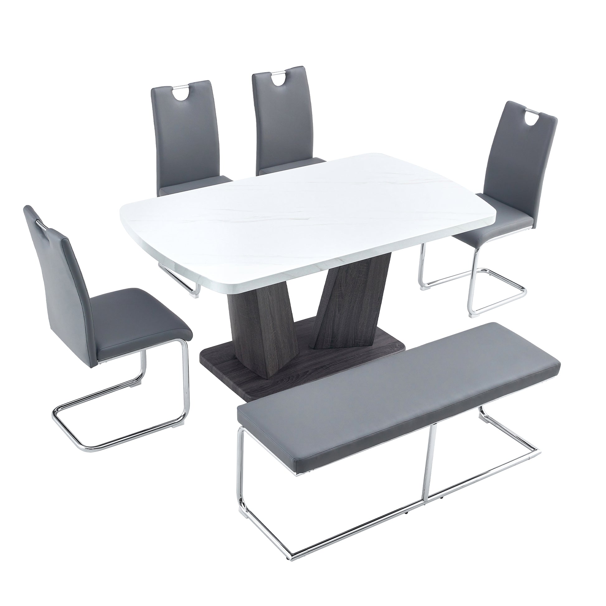 Dining Table Set For 6, 6 Piece Dining Table Set, Faux Marble Table Top And Modern Design Mdf Base With 4 Pu Leather Ergonomic Dining Chairs&1 Bench Metal Grey White Modern Mdf Metal