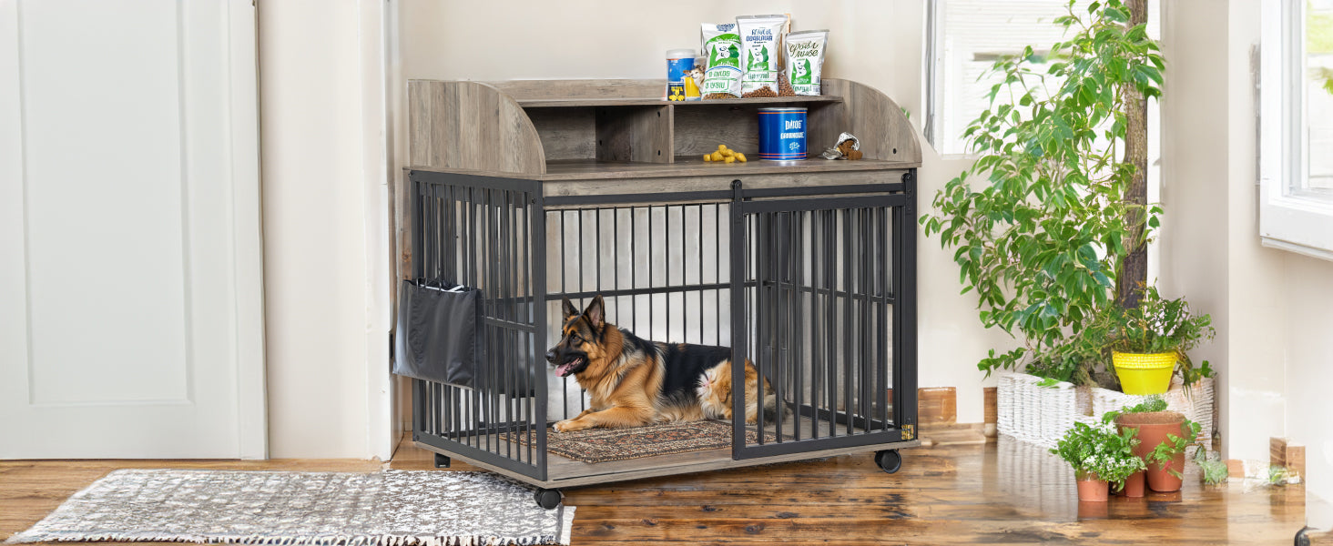 44'' Heavy Duty Large Dog Crate Furniture For Large Medium Dog With Lockable Wheels, Wooden Dog Crate Dog Kennel, End Table Crate With Double Layer Storage, Gray Gray Dog Engineered Wood