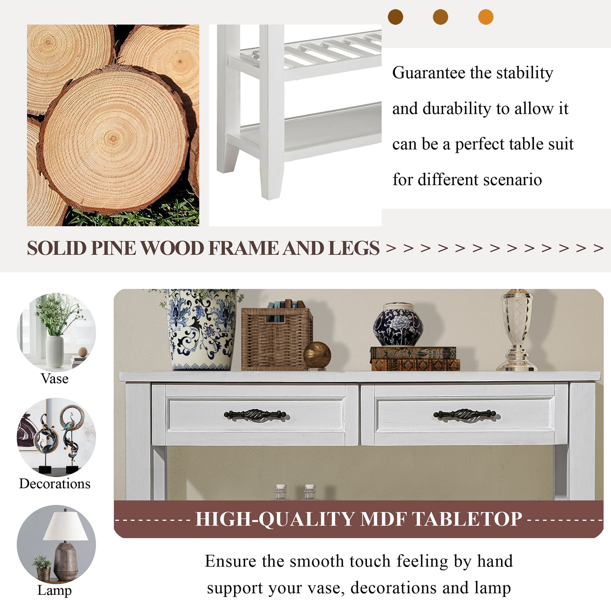 Console Sofa Table With 2 Storage Drawers And 2 Tiers Shelves, Mid Century Style 42'' Solid Wood Buffet Sideboard For Living Room Furniture Kitchen Dining Room Entryway Hallway, Antique White Antique White Pine