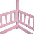 Full Size Floor Wooden Bed With House Roof Frame, Fence Guardrails ,Pink Full Pink Pine