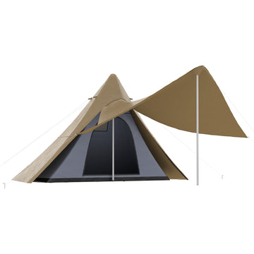 Outsunny 15.4'X15.4'X8.5' Teepee Tent, Waterproof Camping Tent With Porch Area, Floor And Carry Bag, For 2 3 Person Outdoor Backpacking Camping Hiking, Coffee Coffee Fabric
