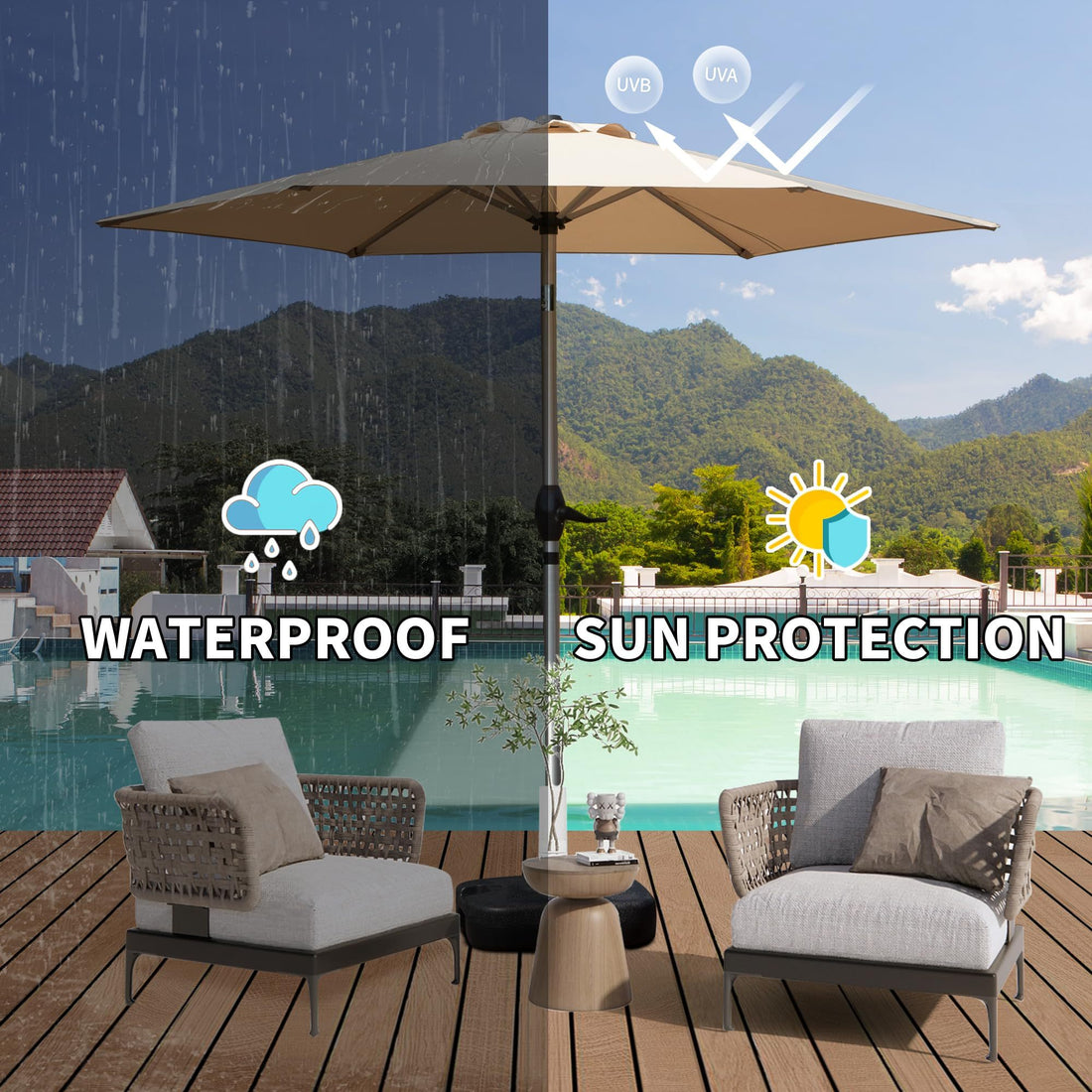 7.5Ft Patio Umbrella, Outdoor Table Umbrella With Push Button Tilt And Crank, Uv Protection Waterproof Market Sun Umbrella With 6 Sturdy Ribs For Garden, Deck, Backyard, Pool Beige Beige Round Uv Resistant Umbrellas Aluminium