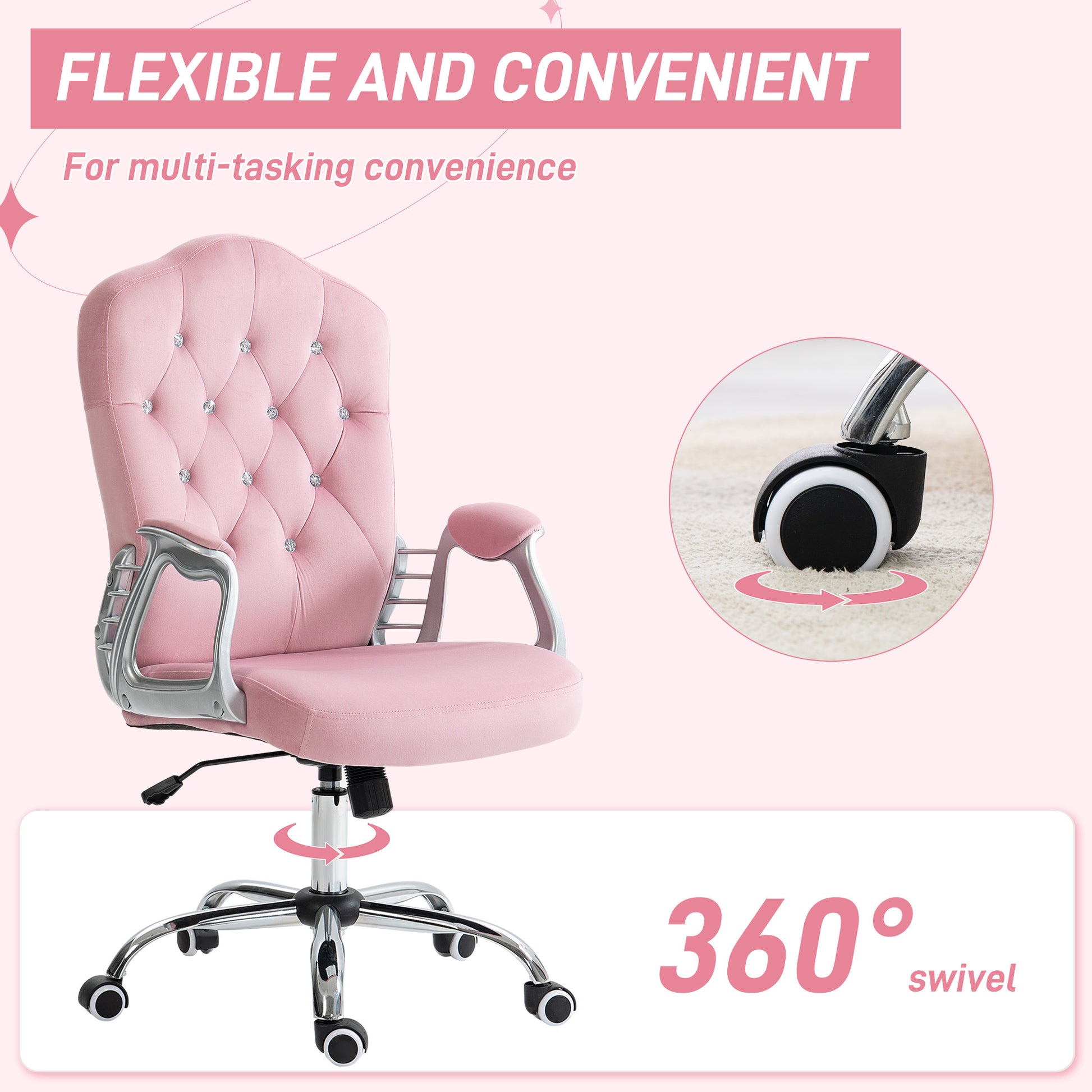 Vinsetto Home Office Chair, Velvet Computer Chair, Button Tufted Desk Chair With Swivel Wheels, Adjustable Height, And Tilt Function, Pink Pink Polyester