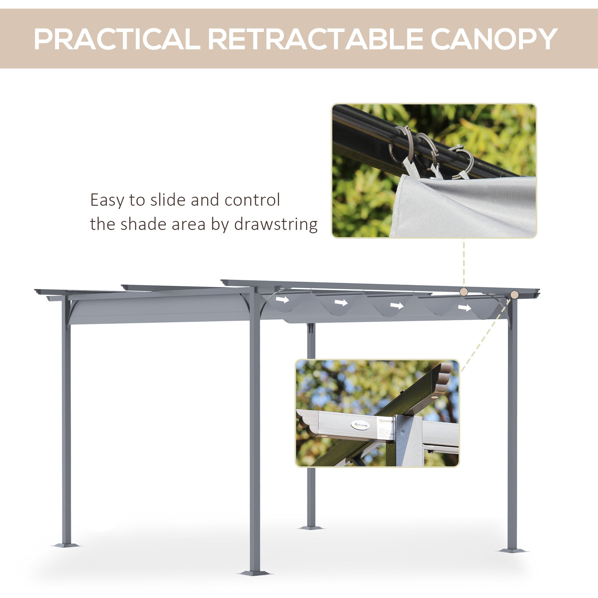 Outsunny 11.5' X 11.5' Retractable Pergola Canopy, Outdoor Uv Protection & Sun Shade, Steel Frame For Garden, Grill, Patio, Backyard, Gray Gray Steel