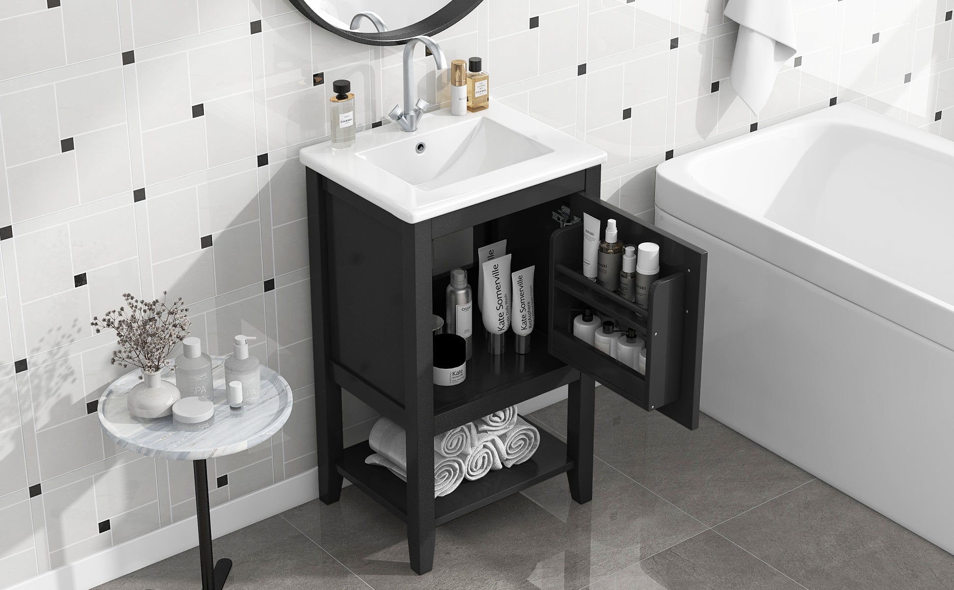 20" Bathroom Vanity With Sink, Bathroom Cabinet With Soft Closing Door, Storage Rack And Open Shelf, Black Black Solid Wood Mdf