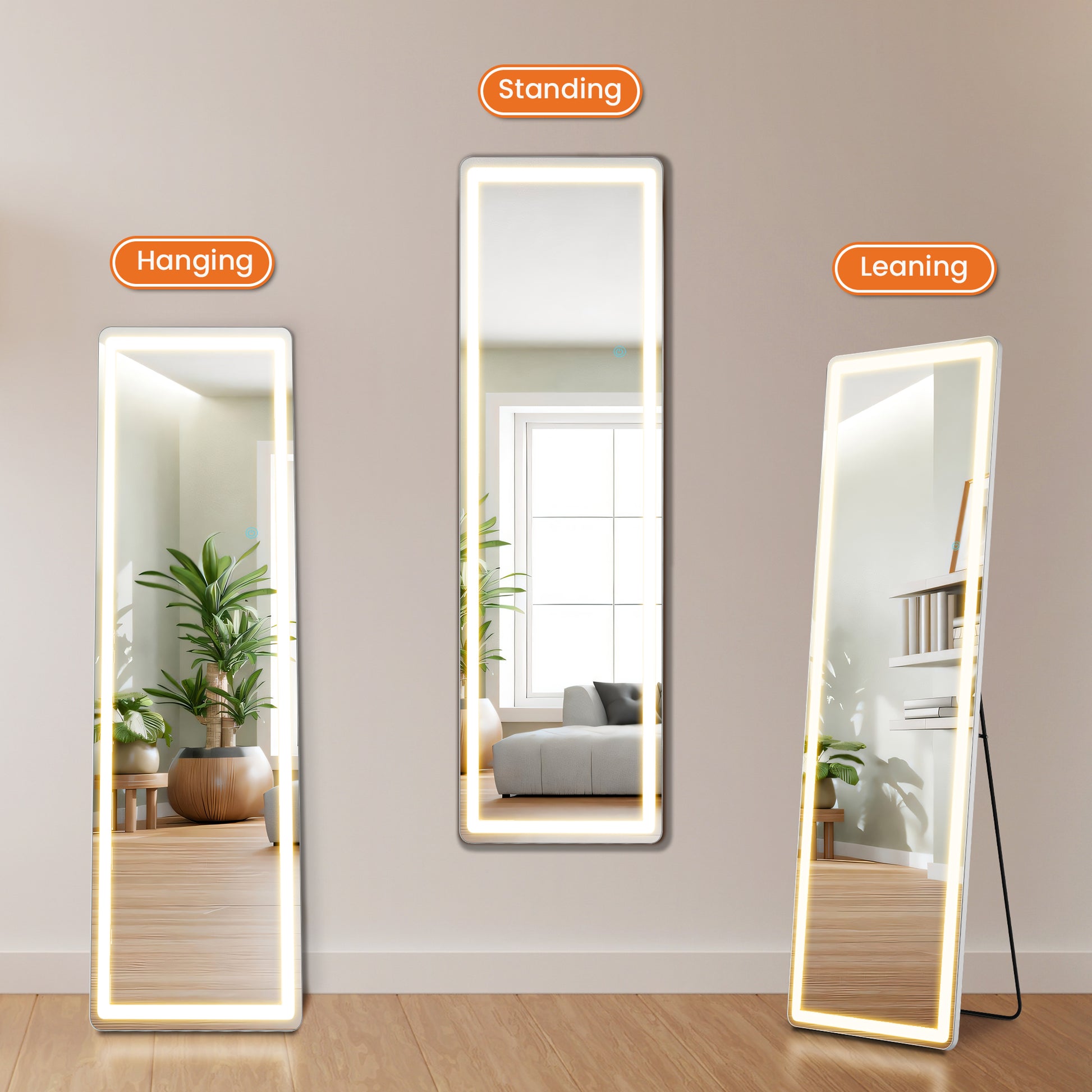 3 Color Lighting Mirror With Led Lights, 60"X16" Lighted Floor Standing Mirror With Stand Black Fiberglass