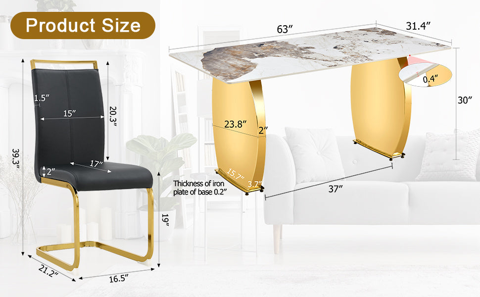 Table And Chair Set, Rock Plate Table Top, Gold Metal Table Legs, Stable And Beautiful, Suitable For Most Home Styles. Modern Simple Dining Table, Comfortable Seating. Gold Black Seats 4 Sintered Stone