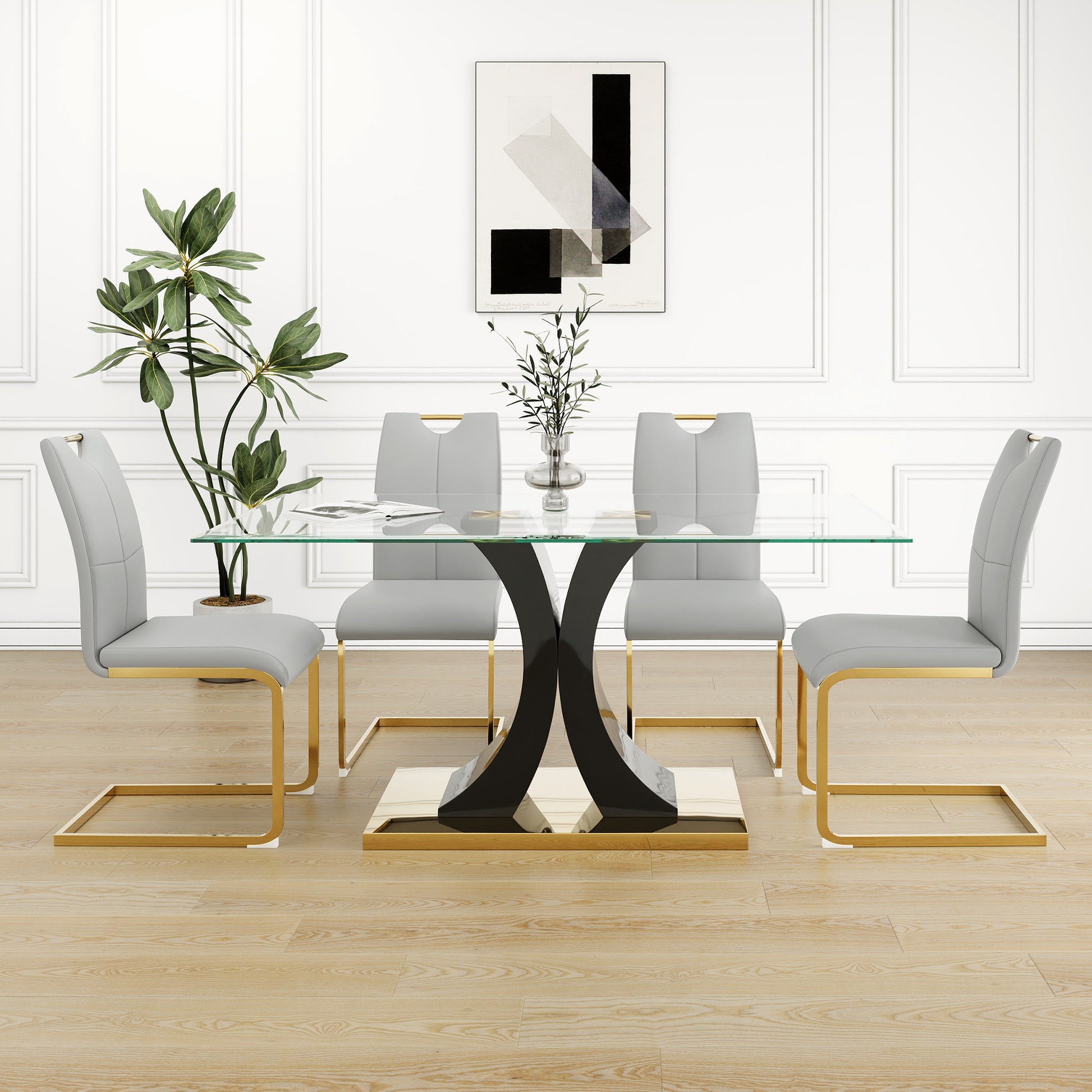 Modern Style Glass Dining Table, Elegant Transparent Design, Solid Support Base, Grey Dining Chair Set, Gold Plated Chair Legs, Suitable For Restaurant Kitchen Use Set Of 5 Grey Gold Seats 4 Mdf Glass