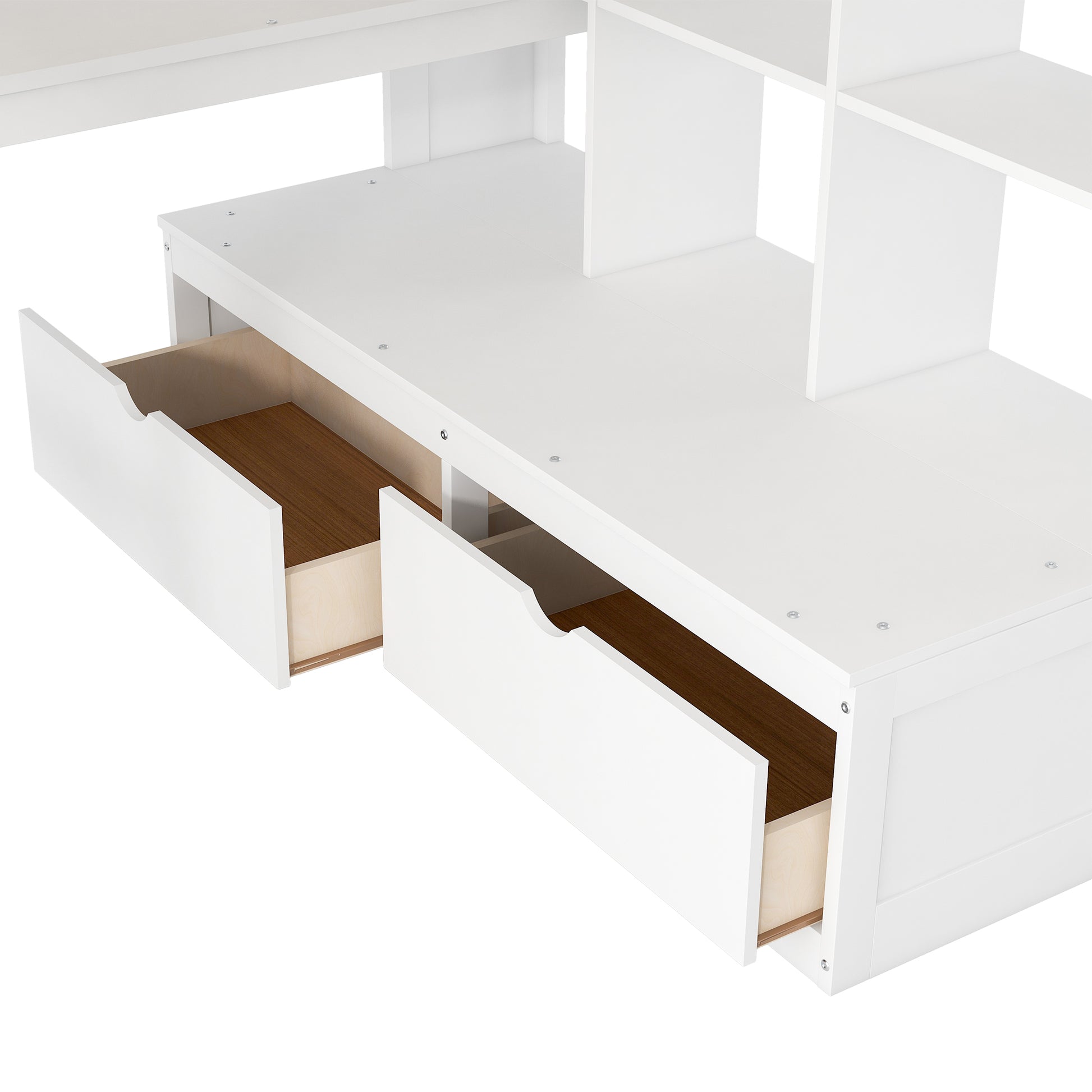 Full Size Loft Bed With Desk And Shelves, Two Built In Drawers, Storage Staircase, White Full White Plywood,Solid Wood Mdf