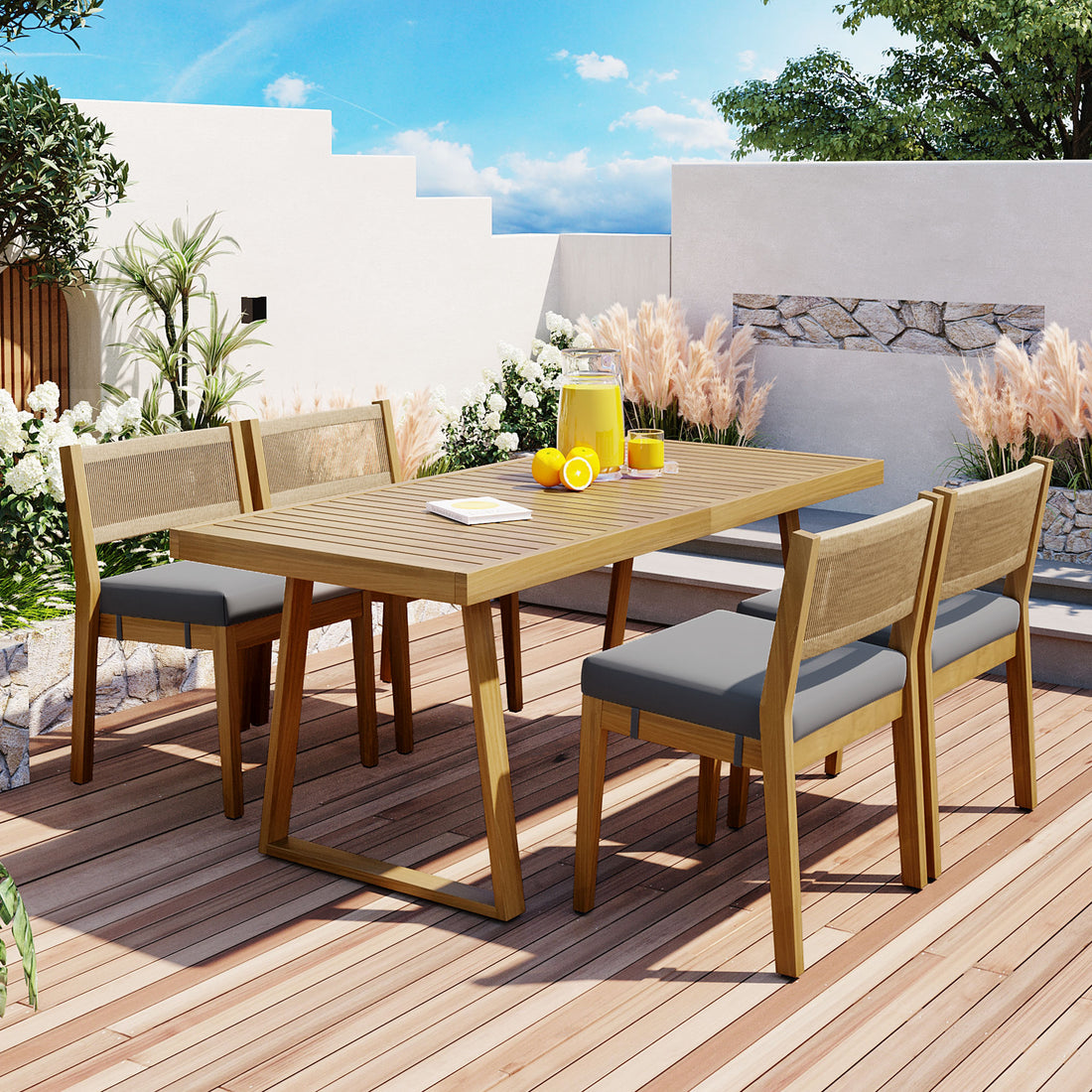 Multi Person Outdoor Acacia Wood Dining Table And Chair Set, Thick Cushions, Suitable For Balcony, Vourtyard, And Garden. Gray Acacia Wood