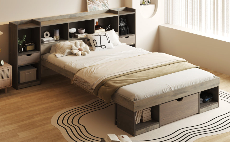 Queen Size Wood Platform Bed With Multi Storage Headboard And A Drawer, Gray Box Spring Not Required Queen Gray Wood Bedroom Bed Frame Solid Wood Mdf