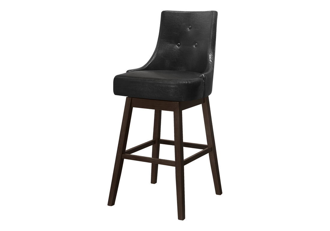 Bar Stool, Set Of 2, Swivel, Bar Height, Brown Wood, Black Leather Look, Transitional Black Foam Solid Wood