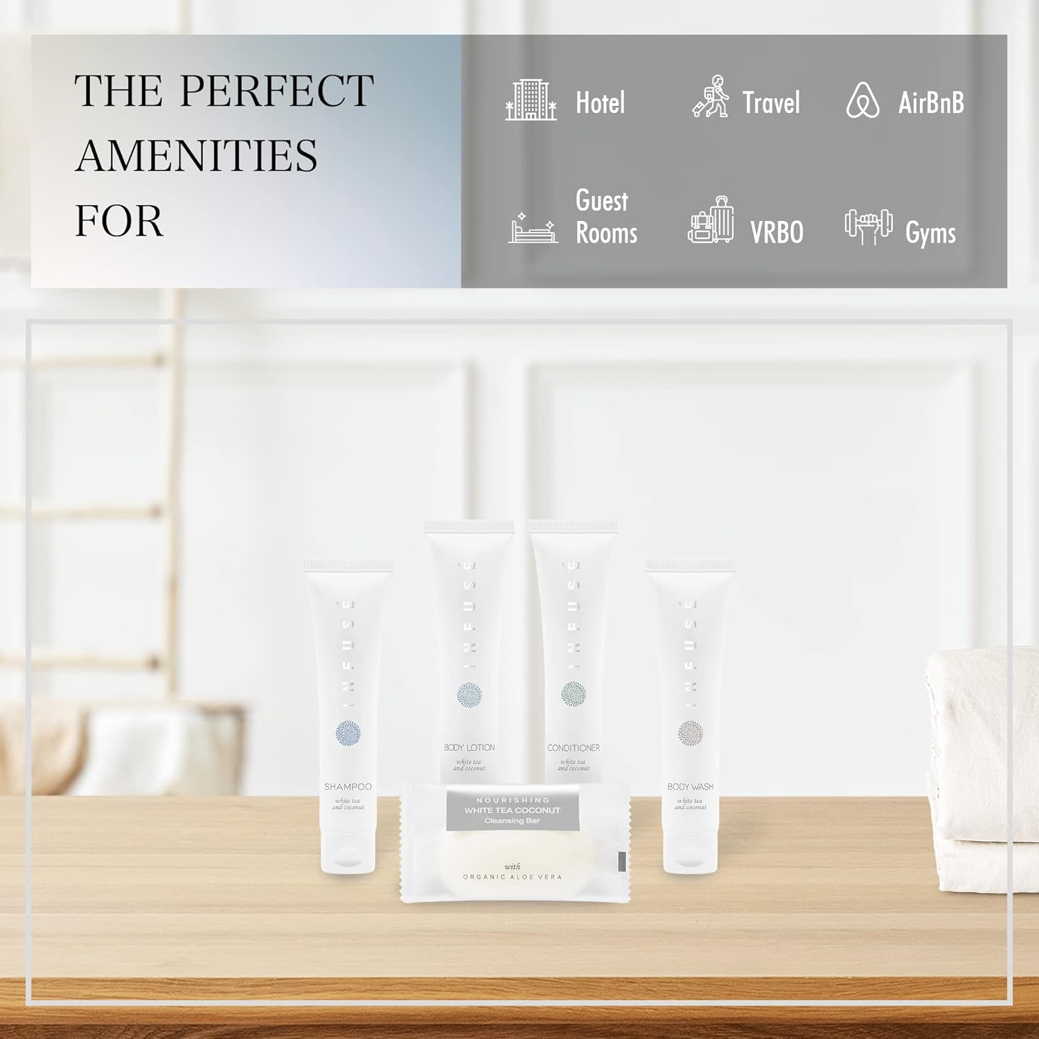 Infuse Pure White Tea And Coconut Hotel Soaps And Toiletries Bulk Set 1 Shoppe All In Kit For Hotels 1Oz Shampoo&Conditioner, Body Wash, Lotion & 1.25Oz Bar Soap Travel Size 150 Pieces White